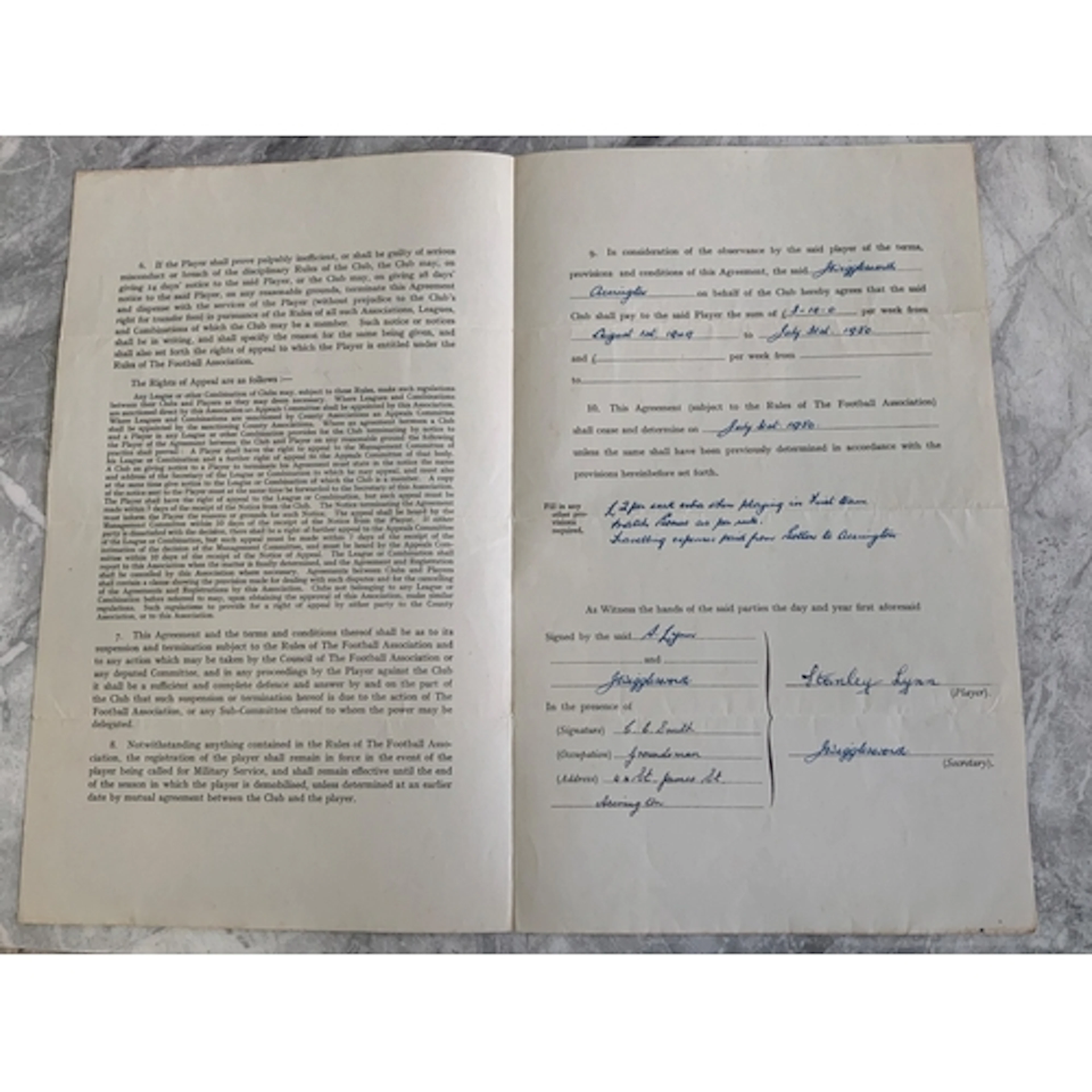 Stan Lynn Accrington Stanley 49/50 Football Contract: Paying...