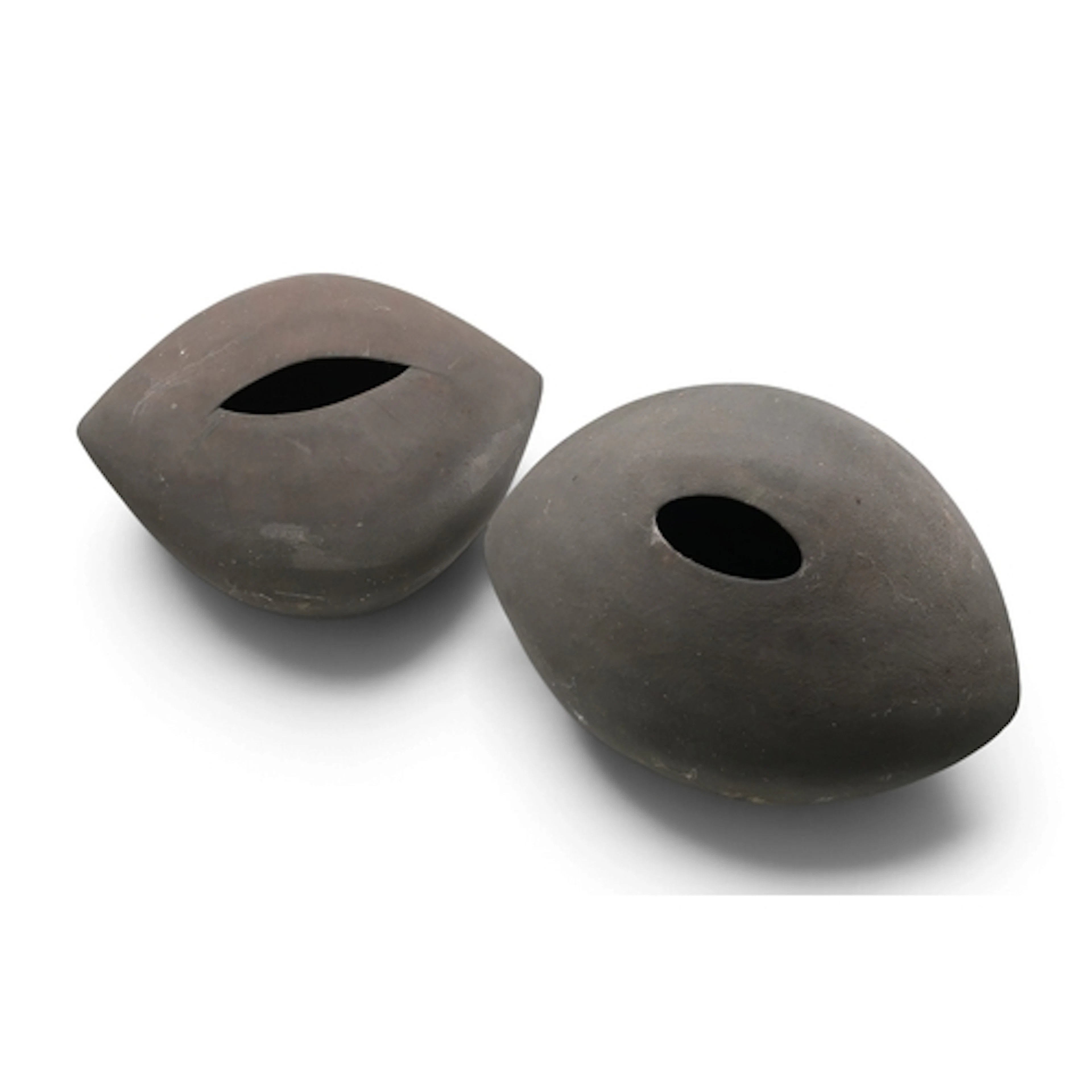 Two studio pottery pods with matt black glaze, one initialle...