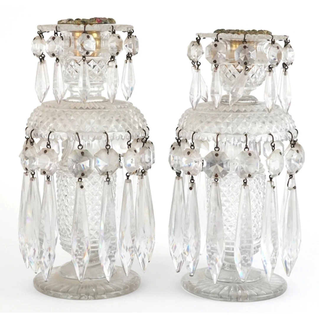 Pair of Victorian cut glass two tier lustre candlesticks, 21...