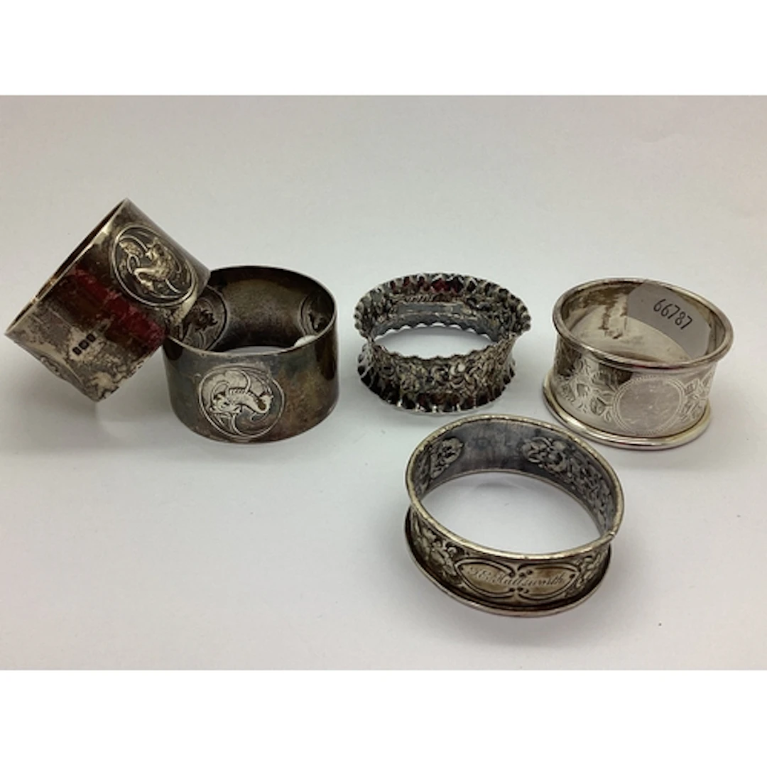 Hallmarked Silver and Other Napkin Rings, including personal...