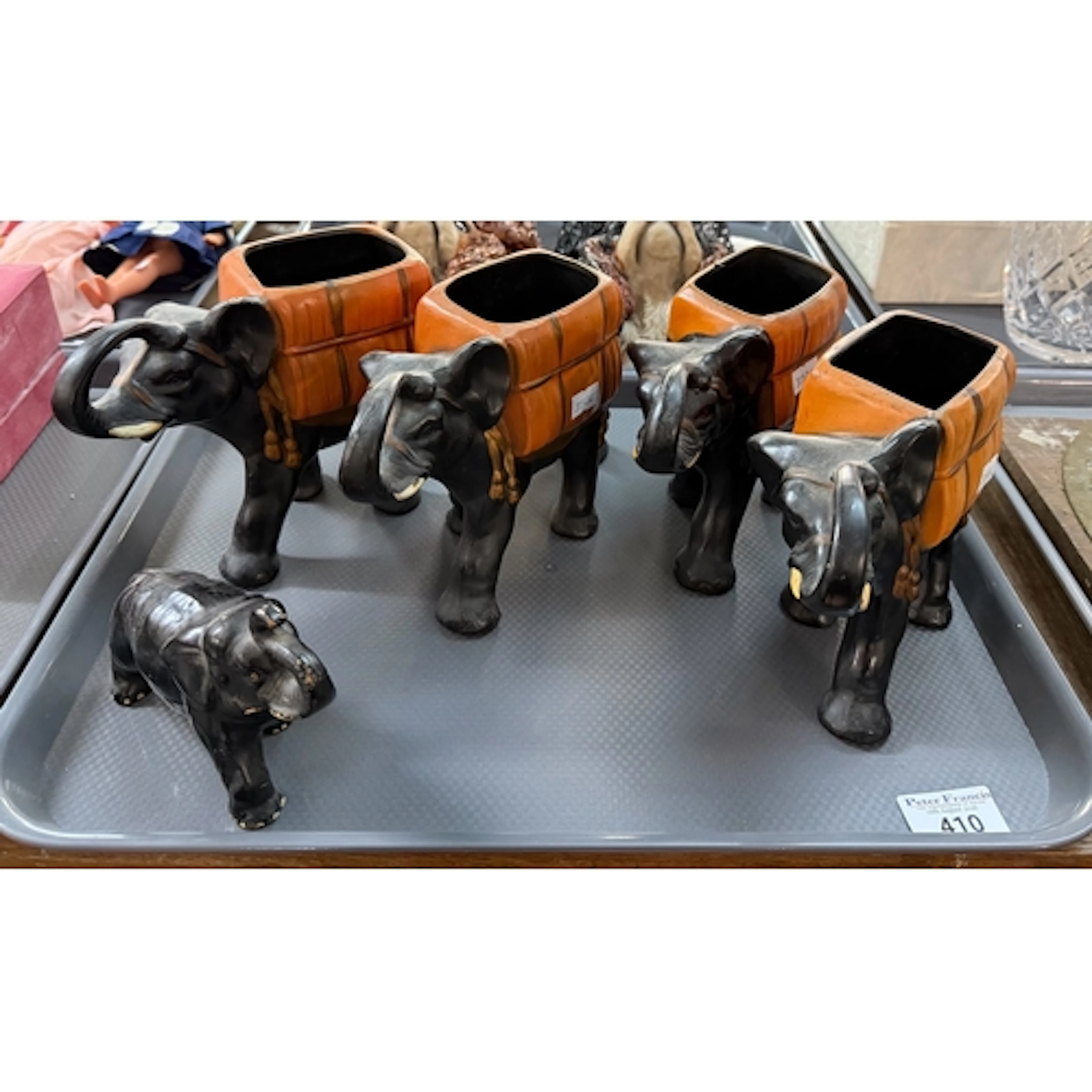 Set of four chalkware planters in the form of elephants, tog...