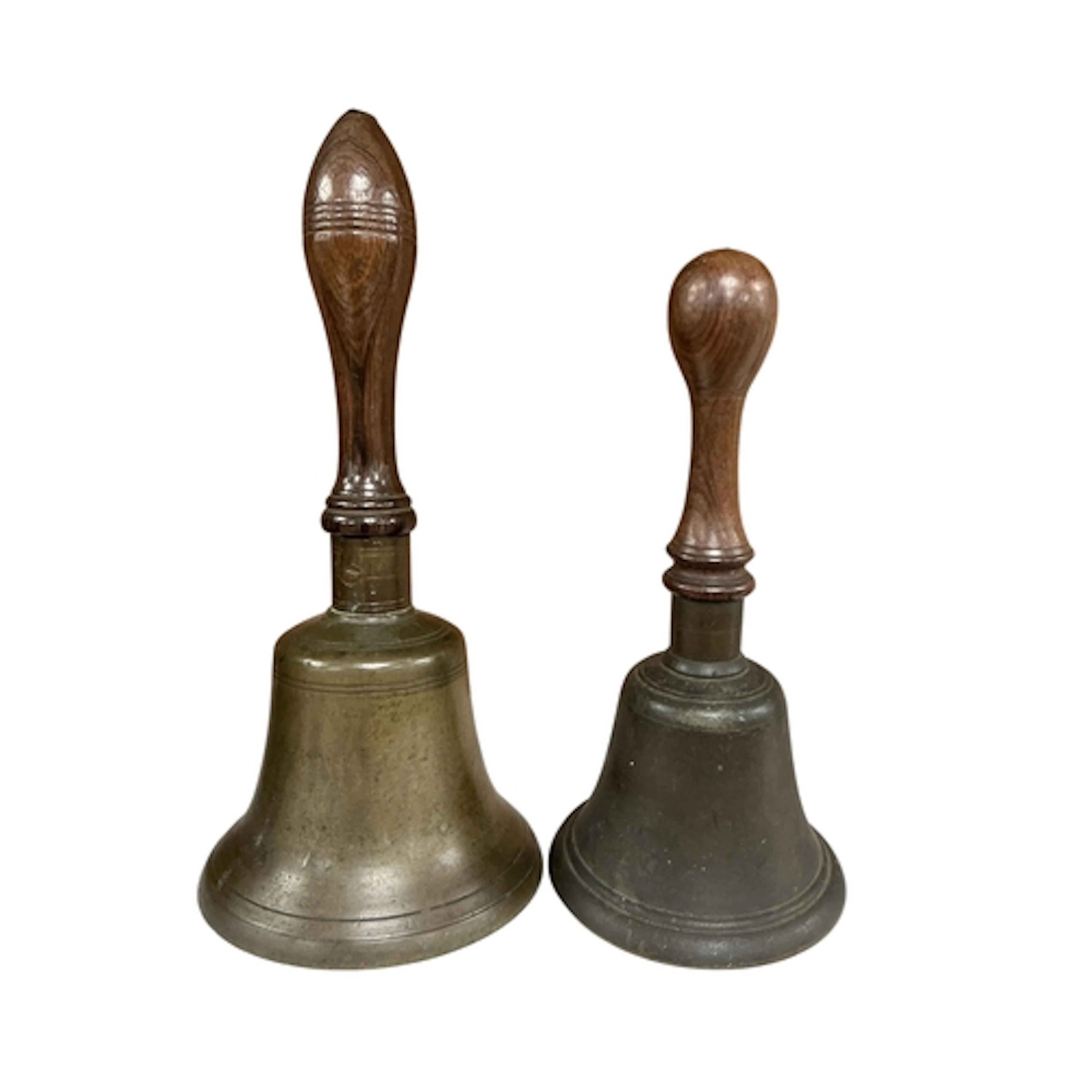 Two Victorian hand bells, largest 32cm high.
