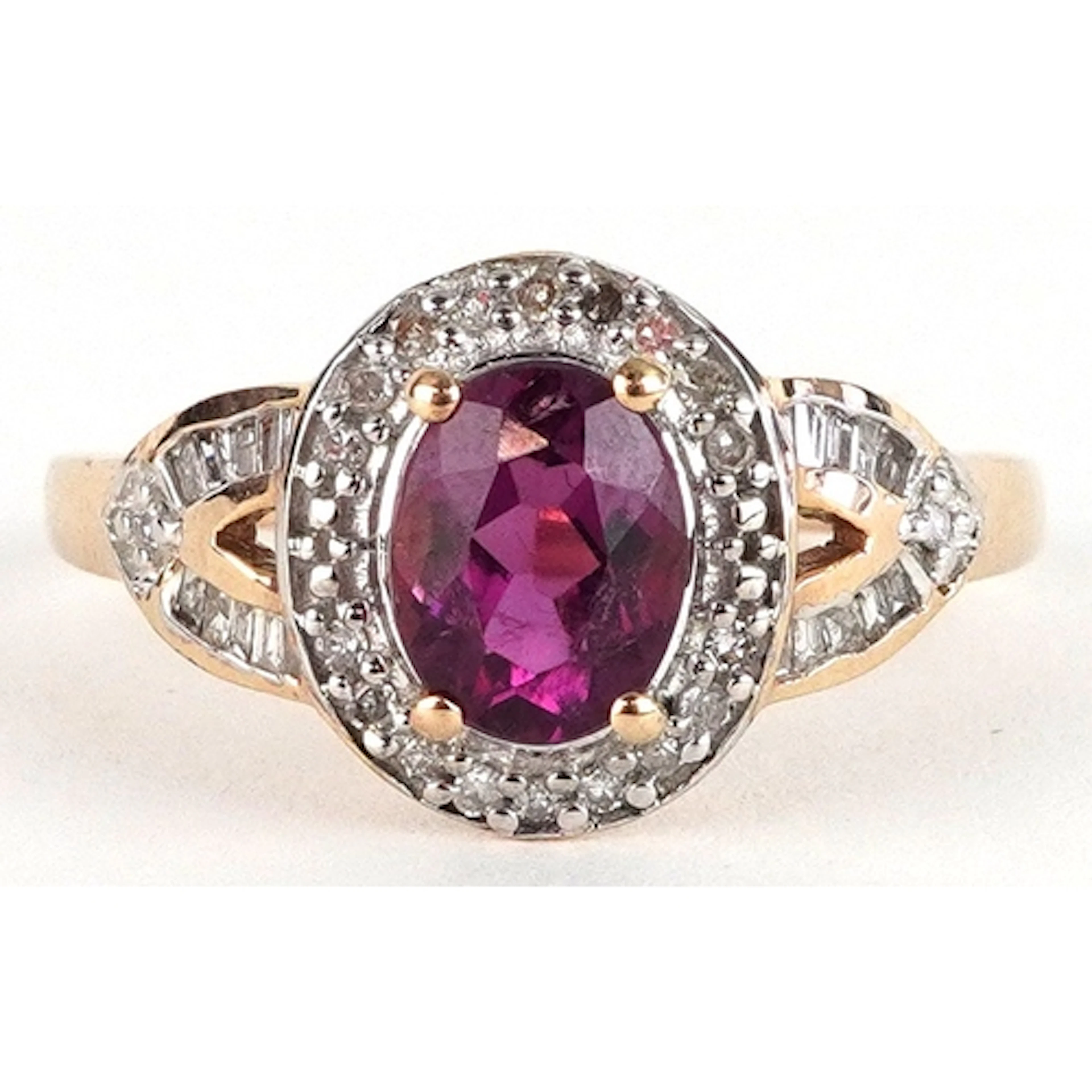 9ct gold amethyst and diamond cluster ring with baguette cut...