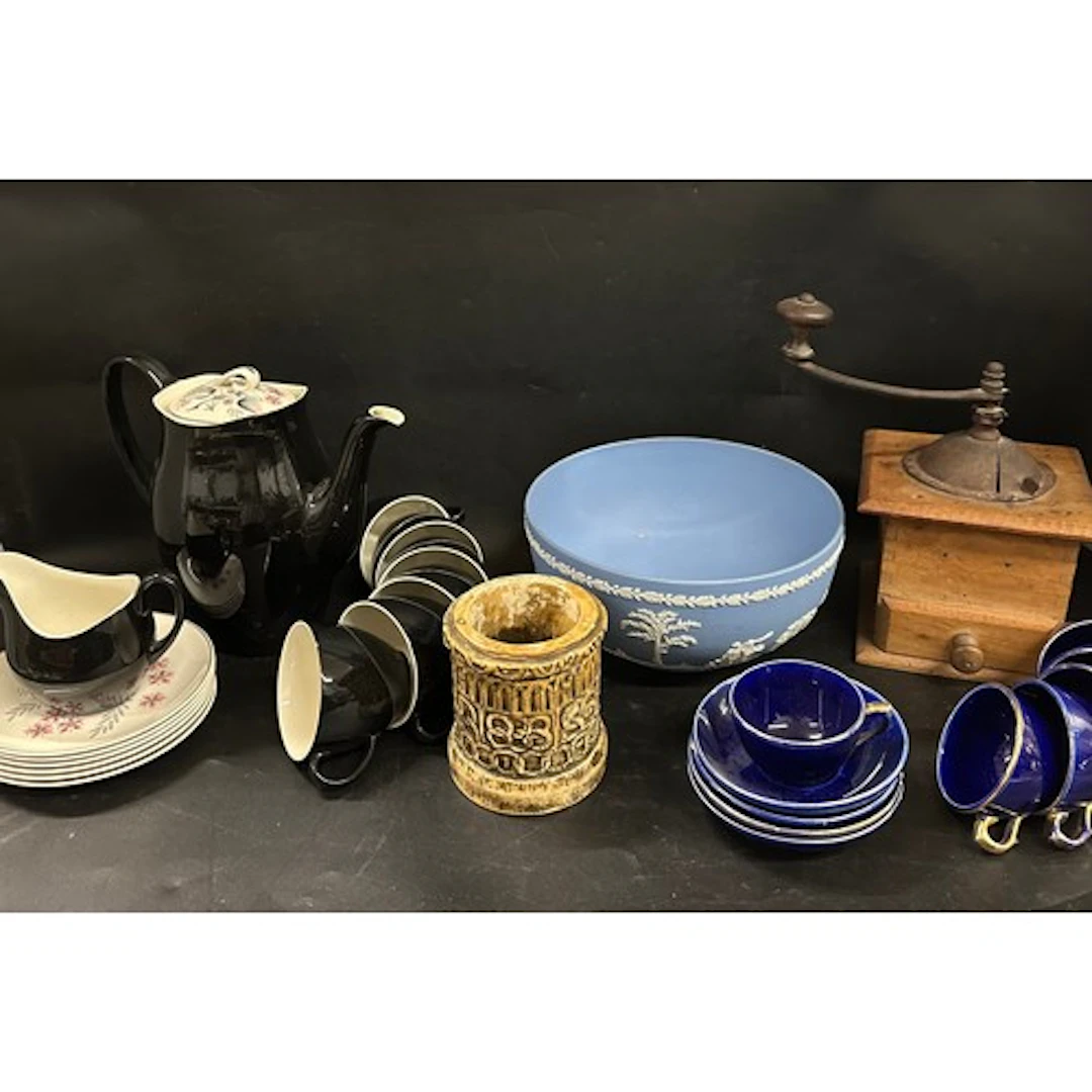 A Johnson Bros tea set, Wedgwood Jasperware bowl, monastic c...