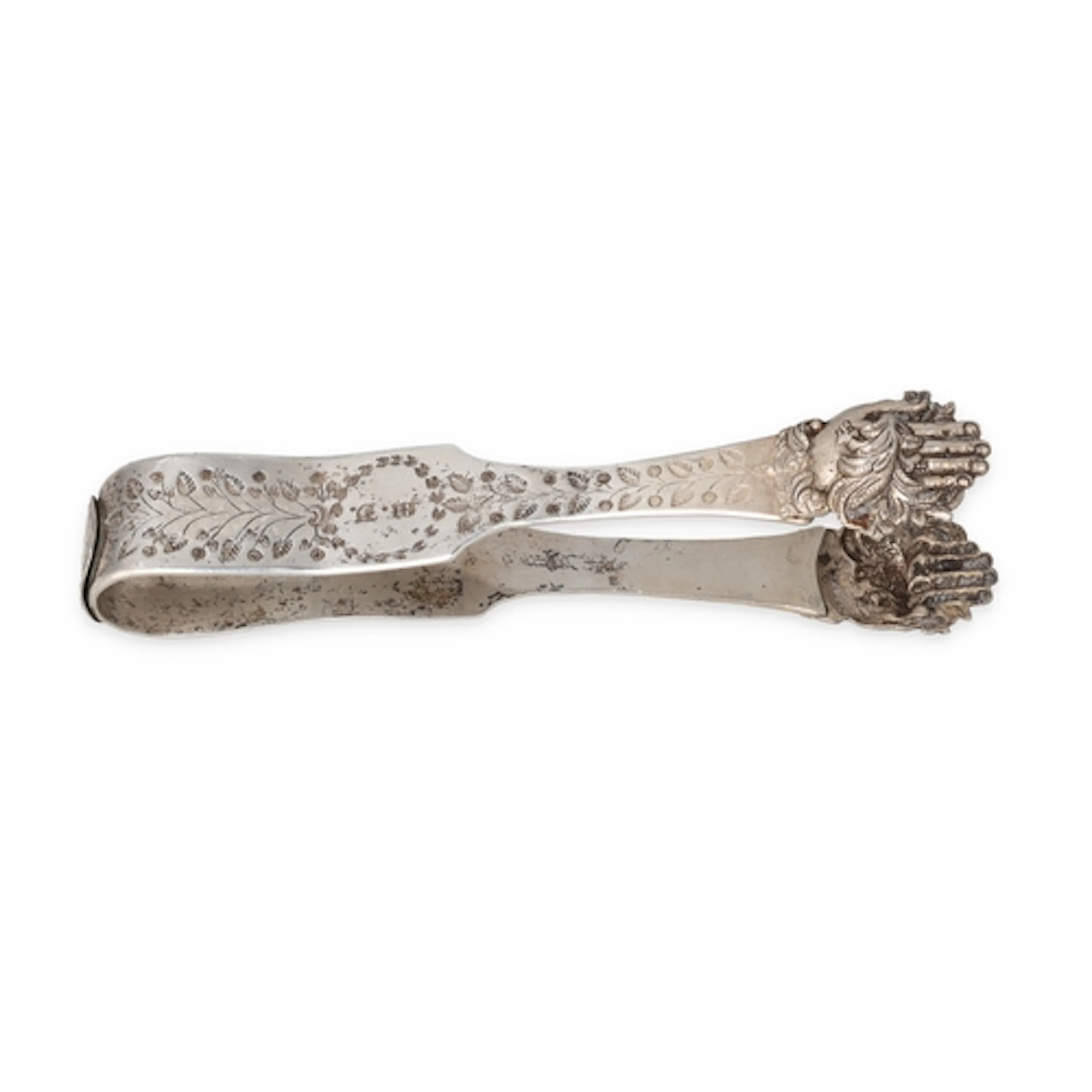 A PAIR OF 19TH CENTURY SILVER ICE TONGS Of unusual form, wit...