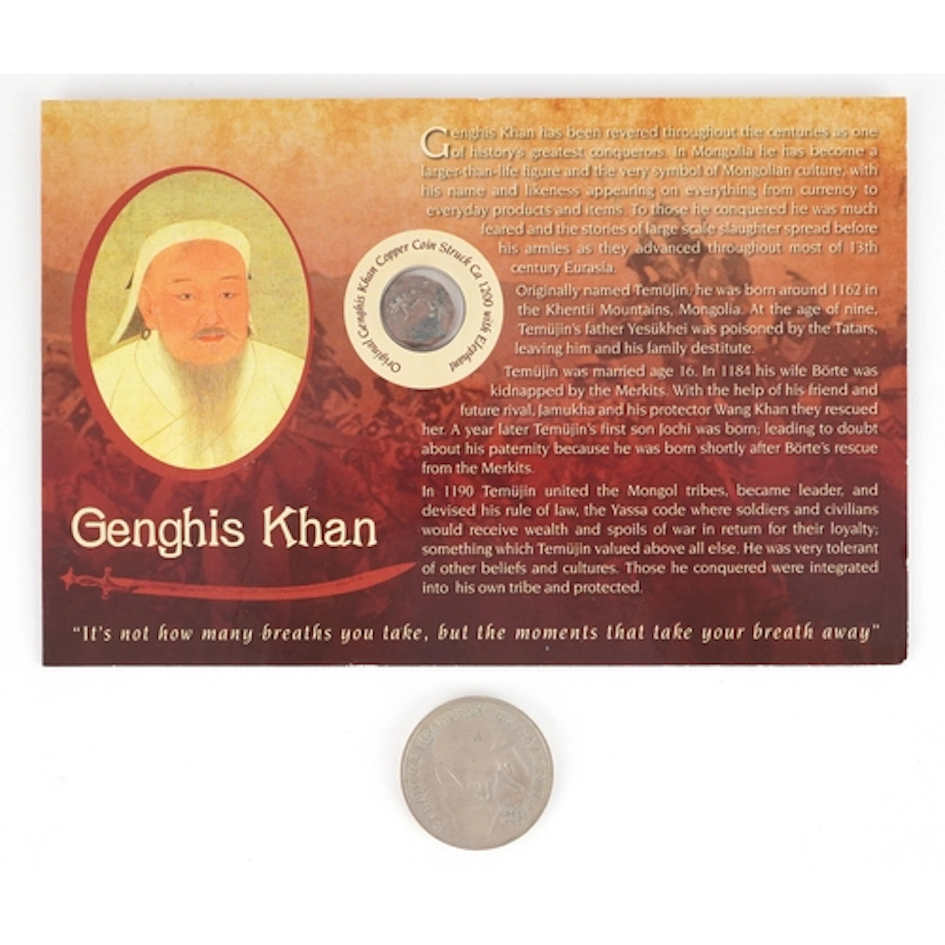 Two coins comprising a Genghis Khan copper example with elep...
