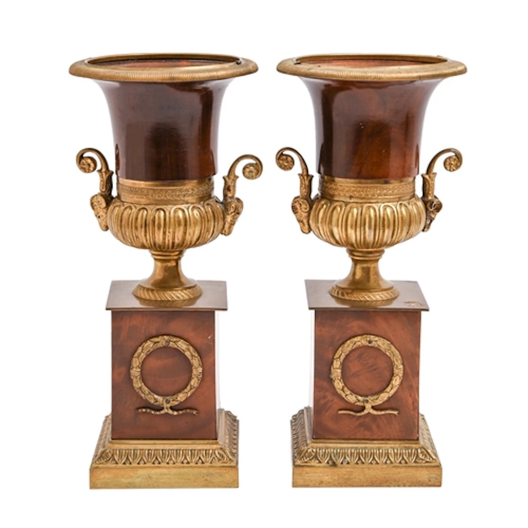 A pair of French gilt bronze mounted walnut Medici vases, ea...