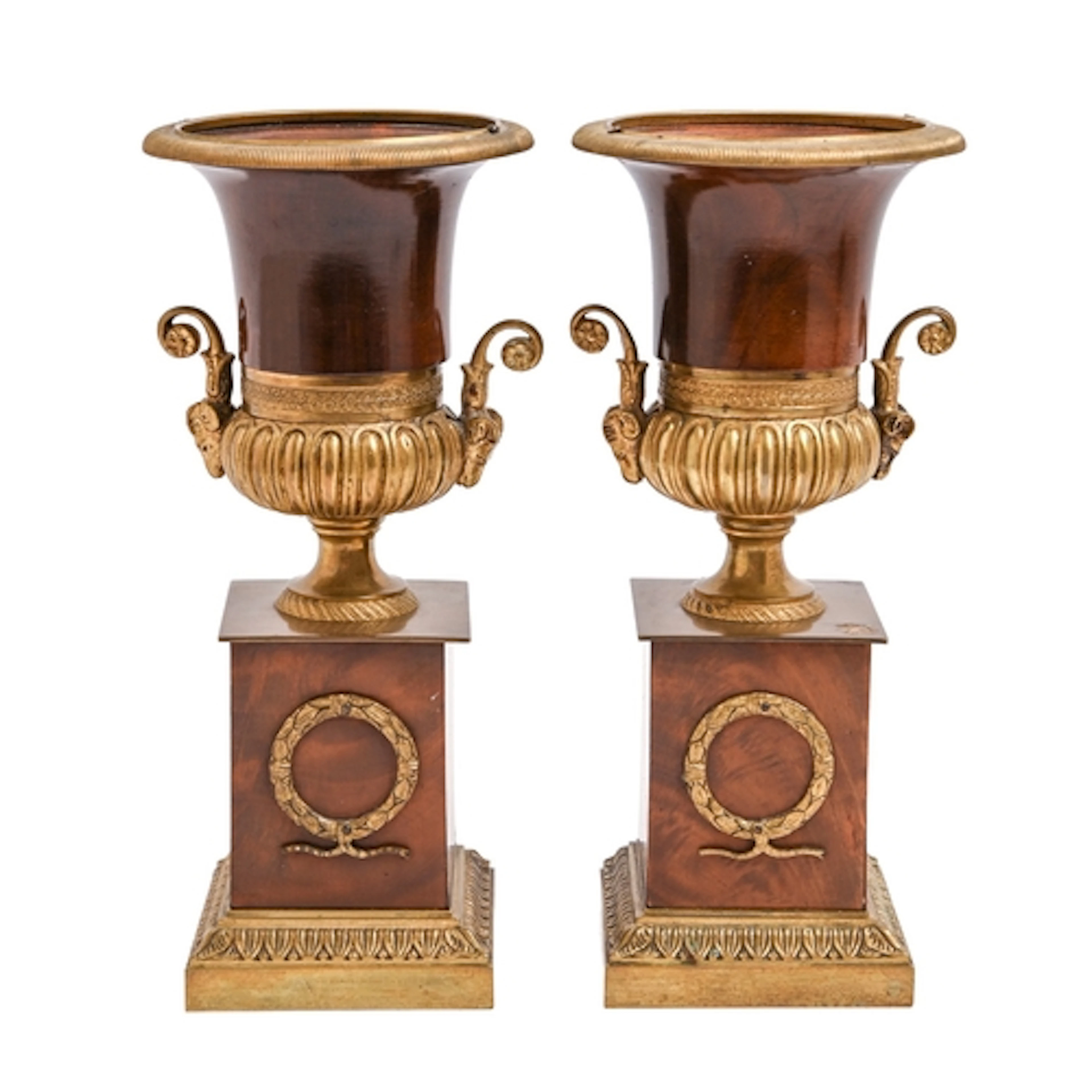 A pair of French gilt bronze mounted walnut Medici vases, ea...
