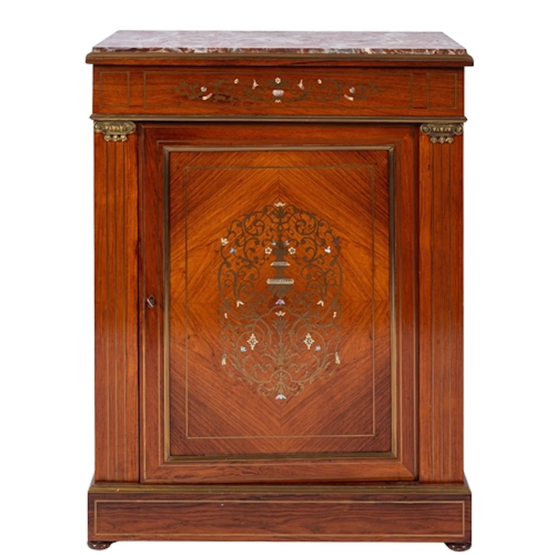 A walnut, marquetry and marble mounted pier cabinet in Victo...
