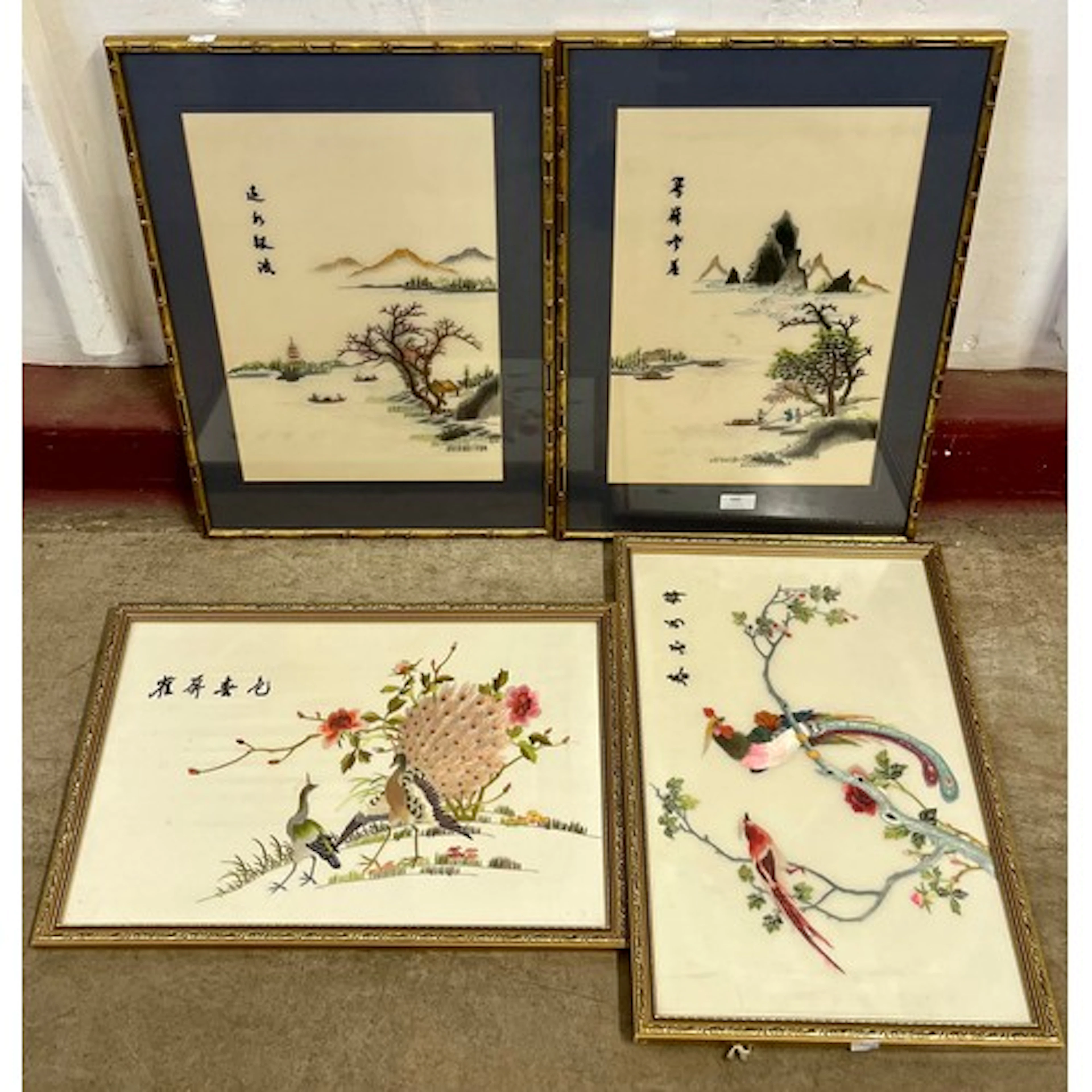 Four Chinese silk embroideries, framed