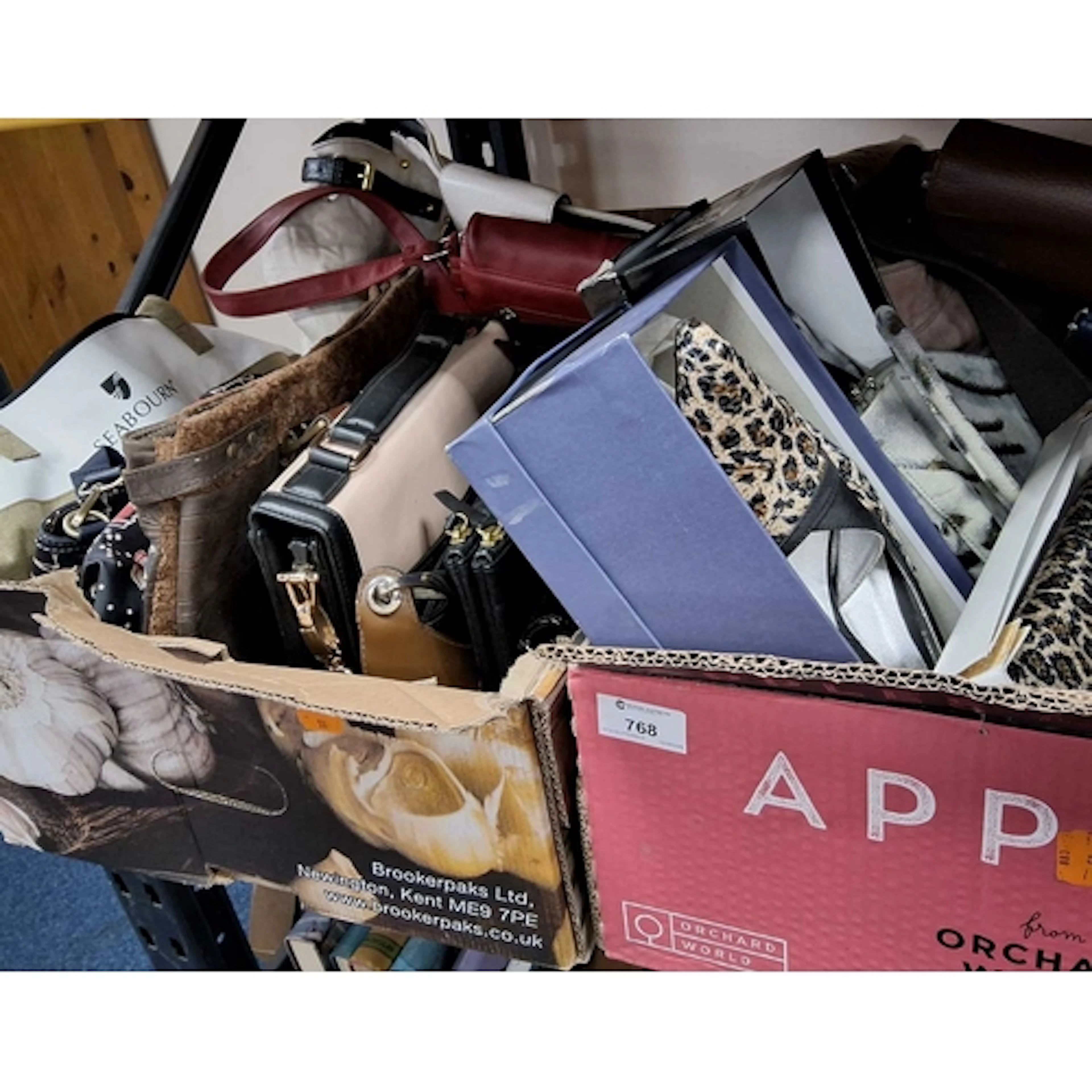 TWO BOXES OF HANDBAGS AND ACCESSORIES, approximately twenty ...