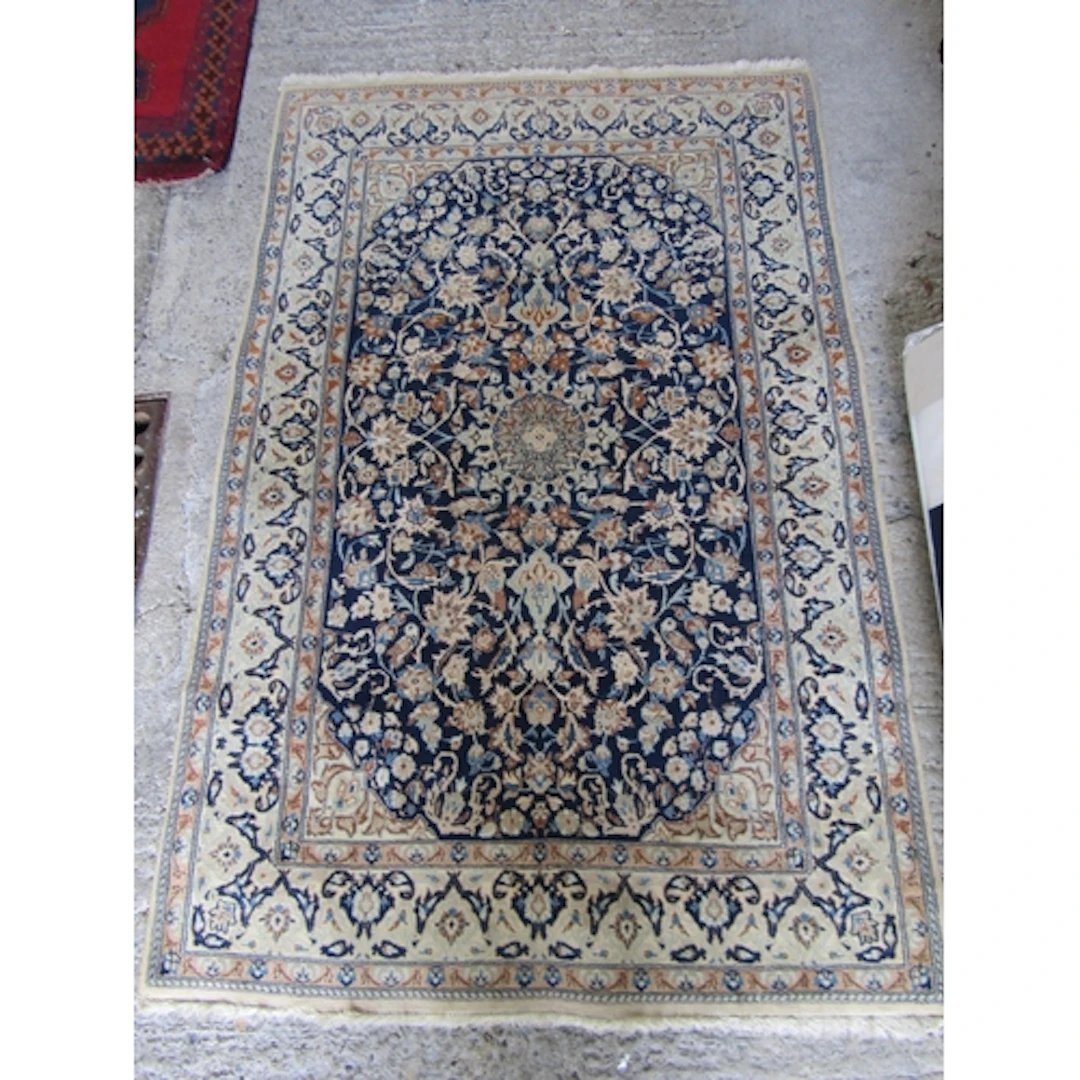 Persian Pure Wool Rug Pale Grey and Navy Ground Patterned Bo...