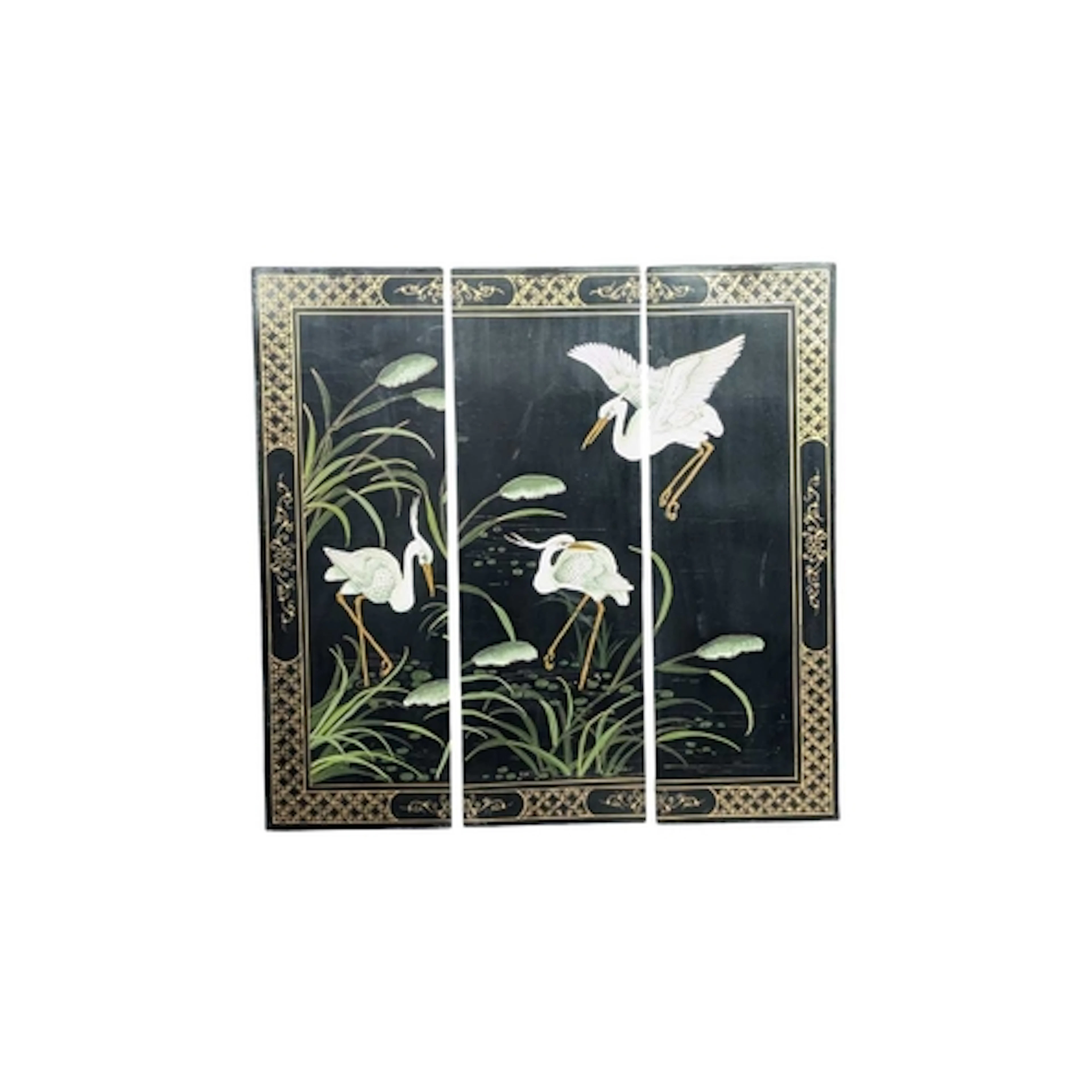 A vintage 20th century triptych hand-painted Chinese black l...