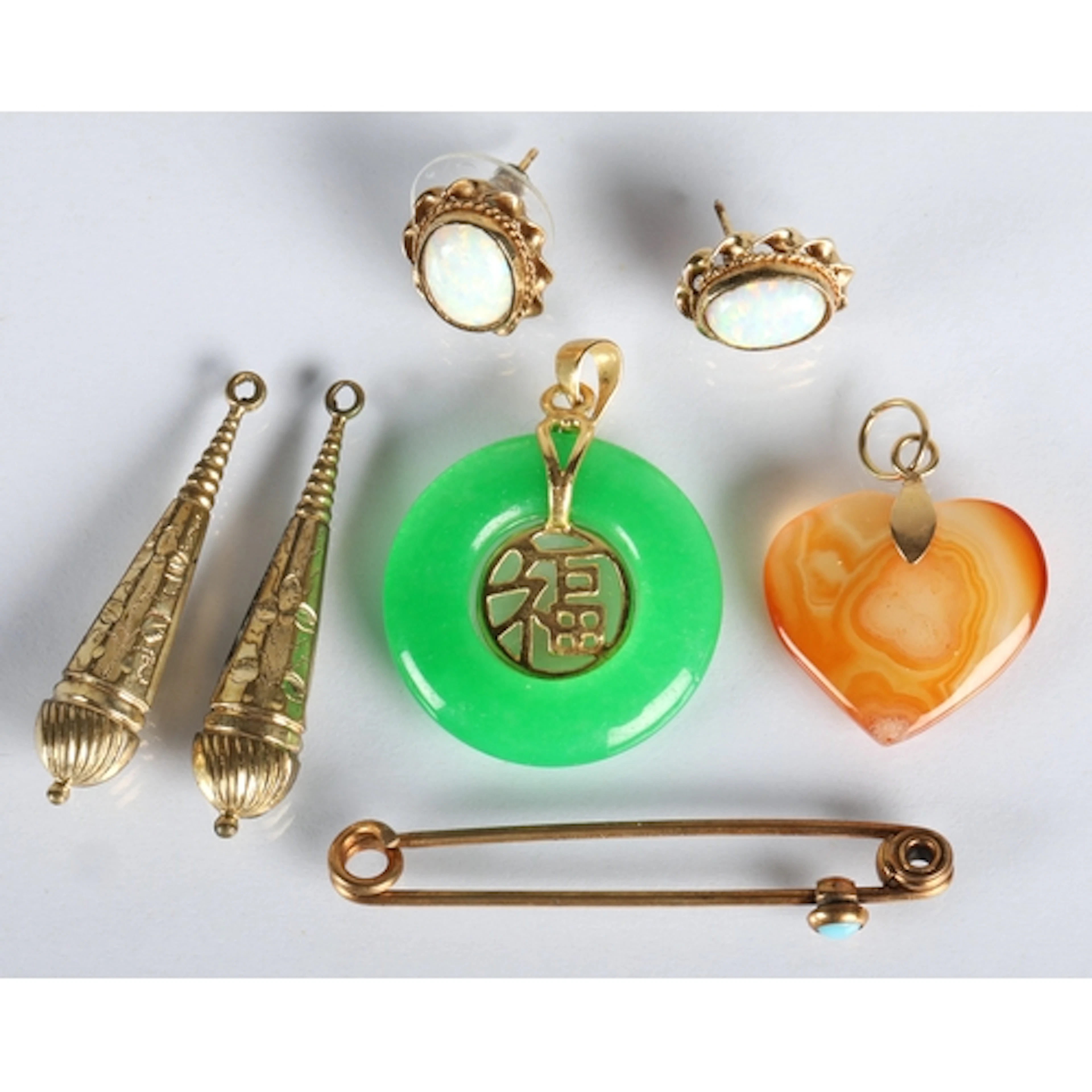 Pair of ladies opal earrings, Chinese jade pendant etc