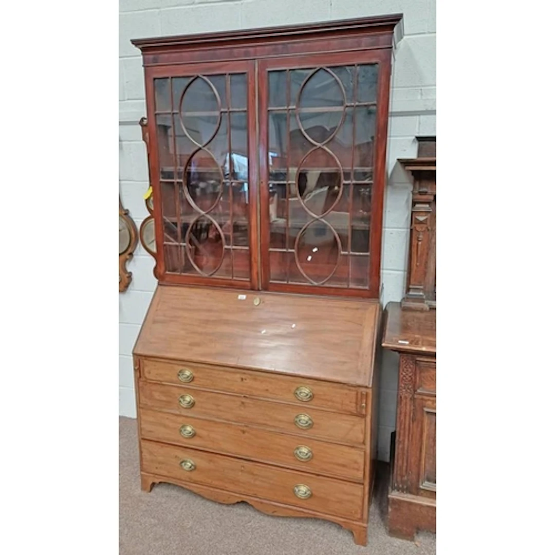 19TH CENTURY MAHOGANY BUREAU BOOKCASE WITH ASTRAGAL GLASS PA...