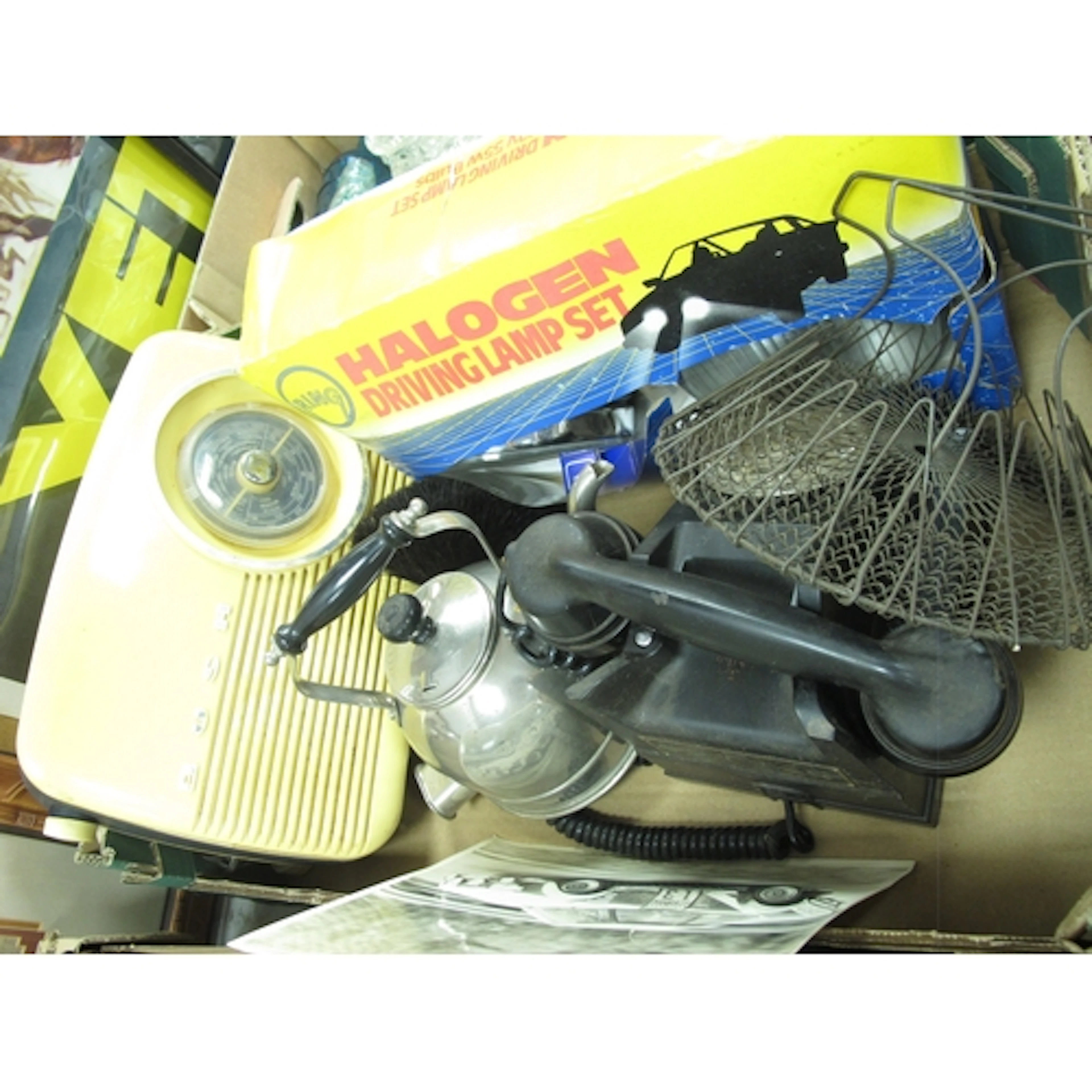 A 1950s Black Bakelite Phone, a Bush radio, 1970s halogen la...