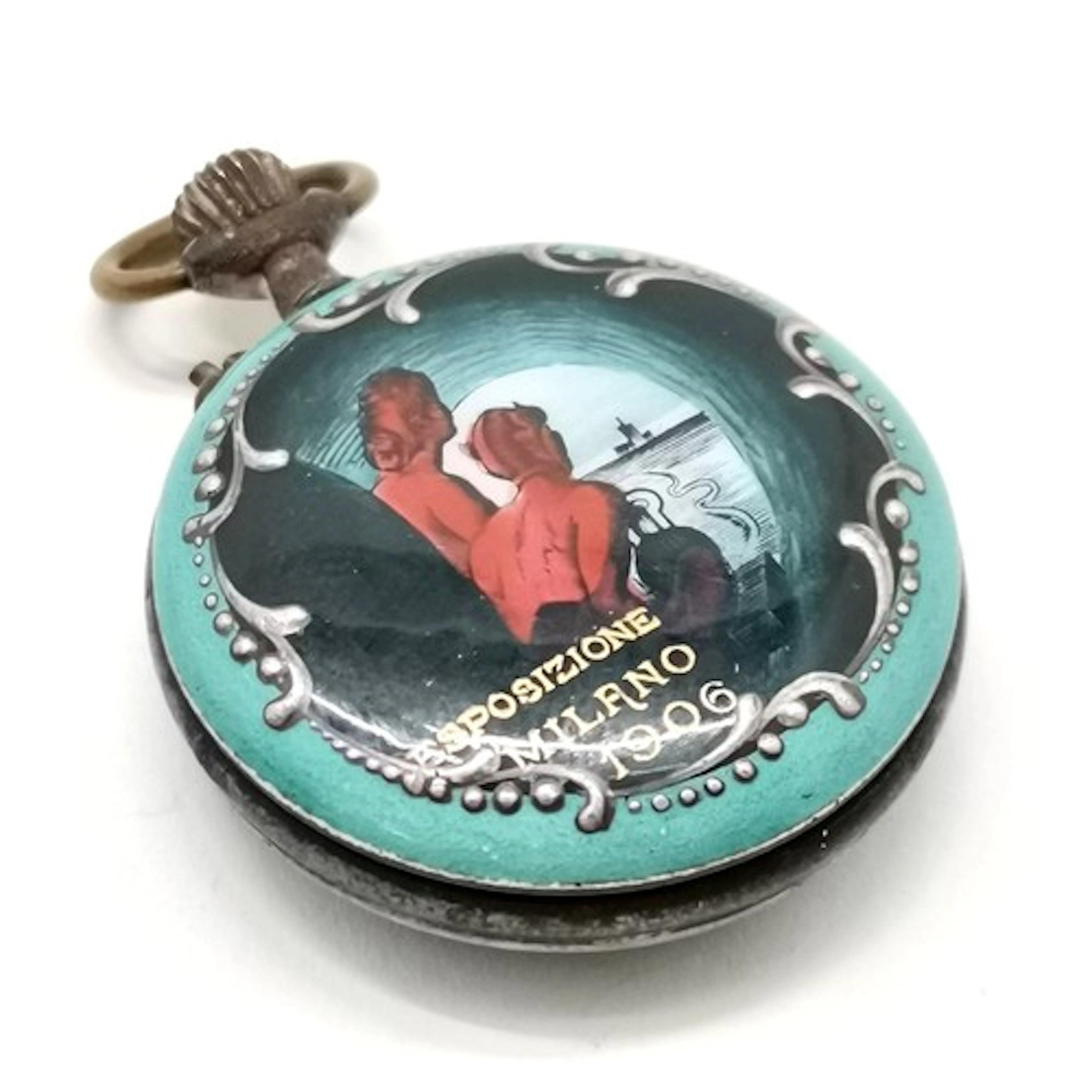 Antique (1906) fob watch with enamel reverse depicting Milan...
