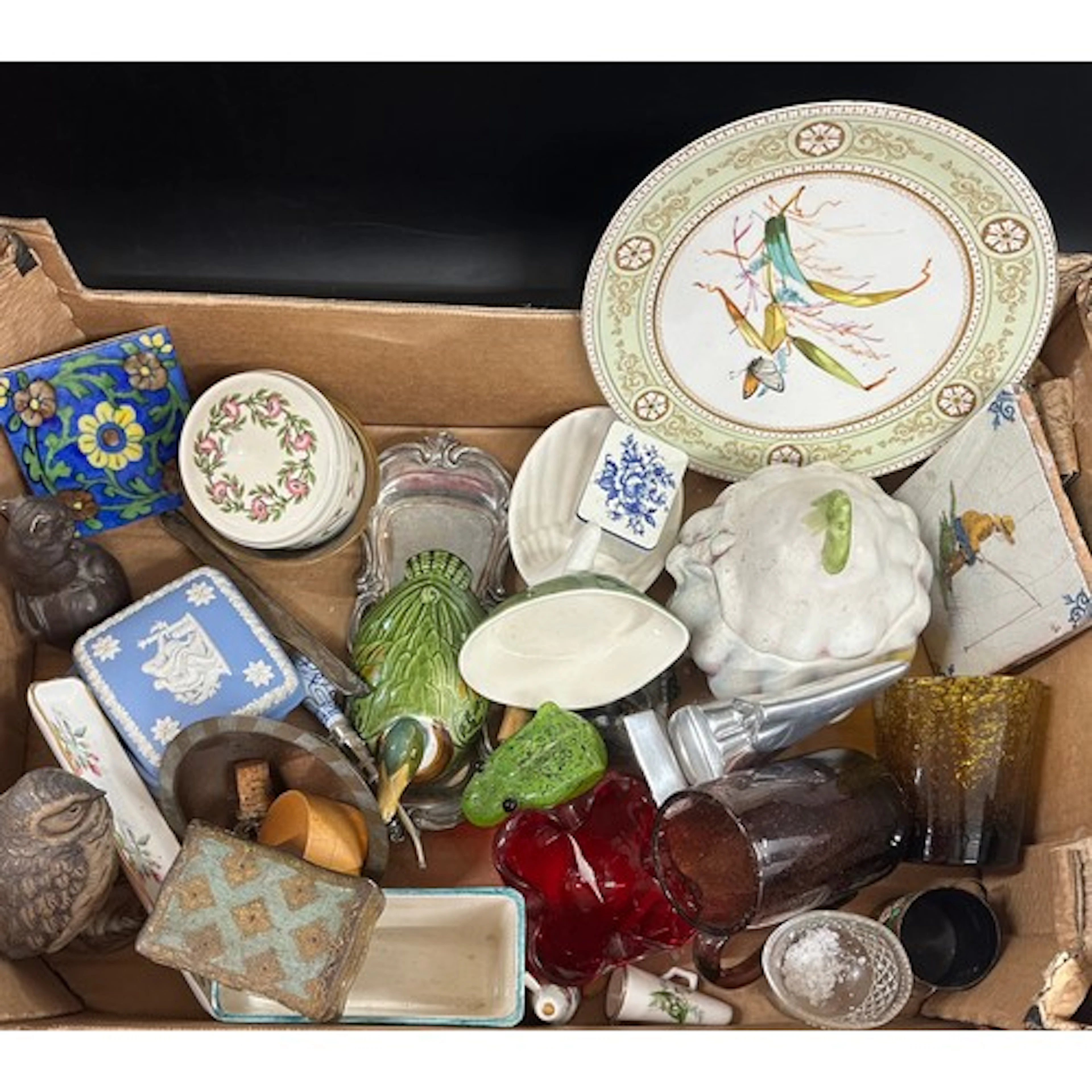 Assorted items and china to include Biot glass and mug, Pool...