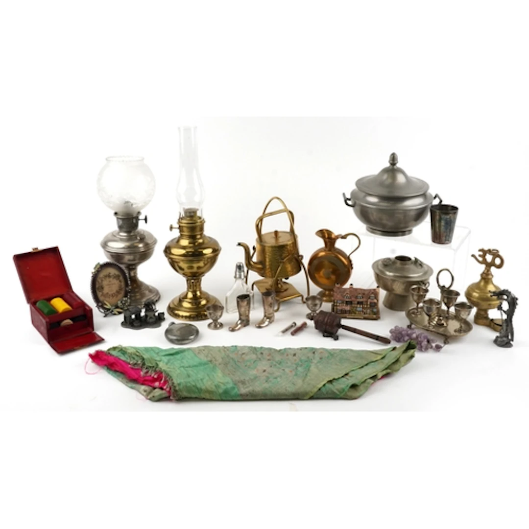 Antique and later metalware including Victorian oil lamps, b...