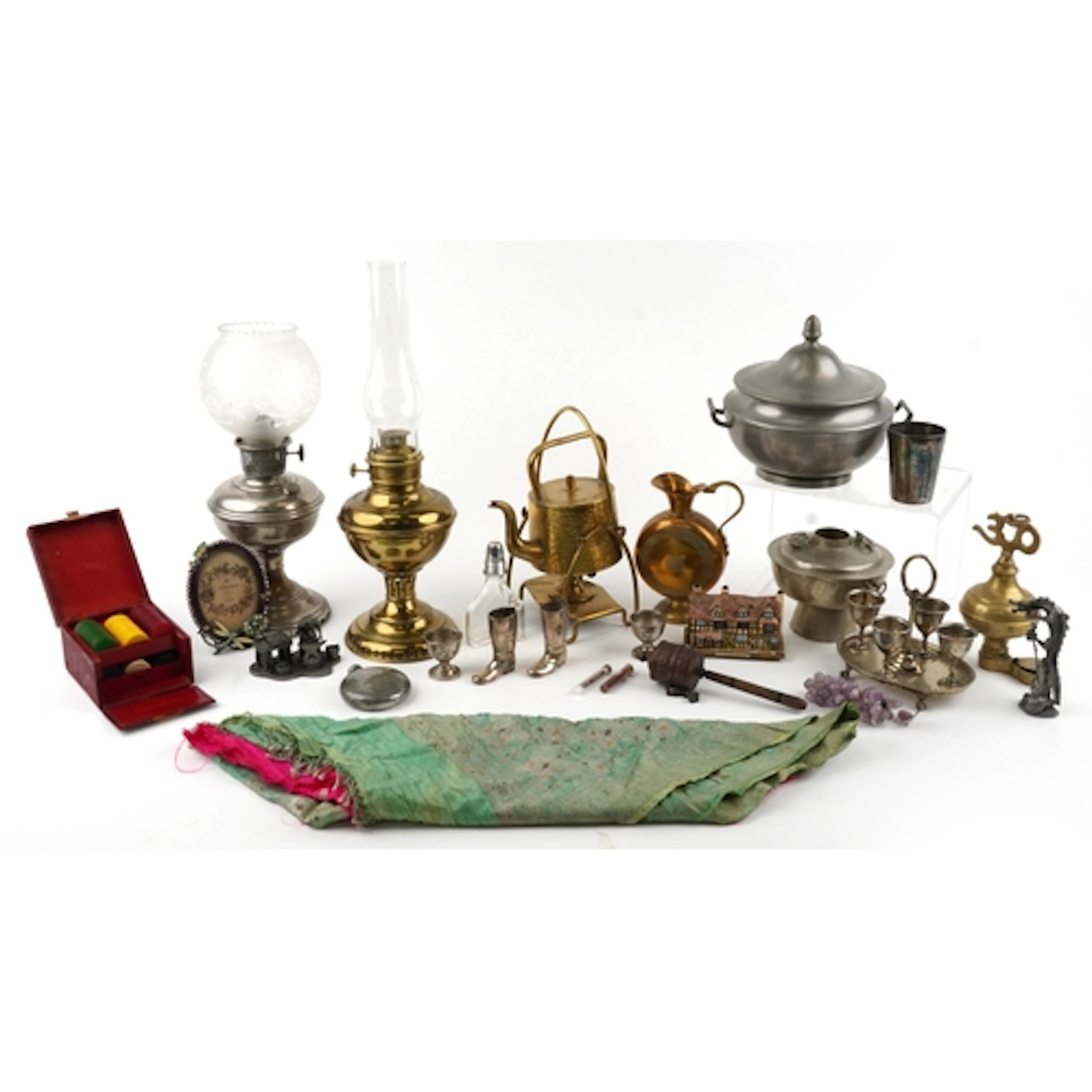 Antique and later metalware including Victorian oil lamps, b...