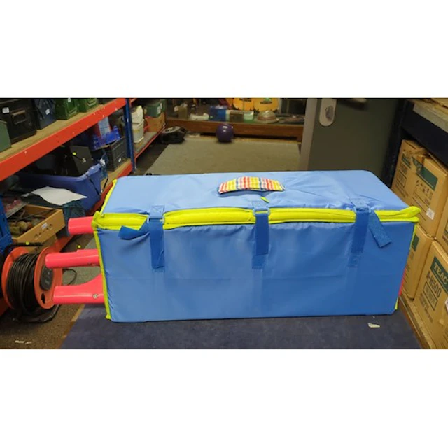 Folding children's playpen with blue fabric panels, yellow e...