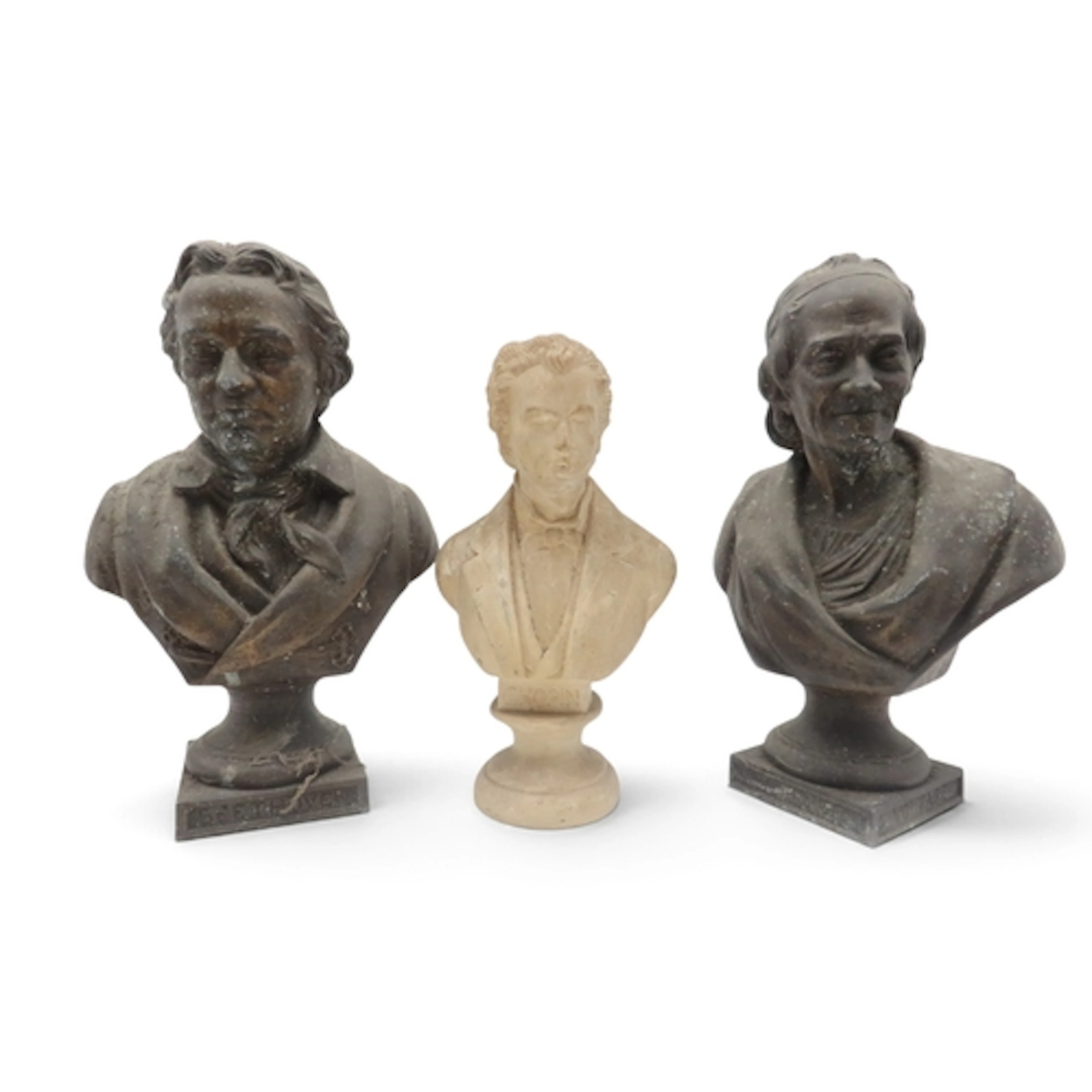Two spelter busts of Voltaire and Beethoven together with a ...