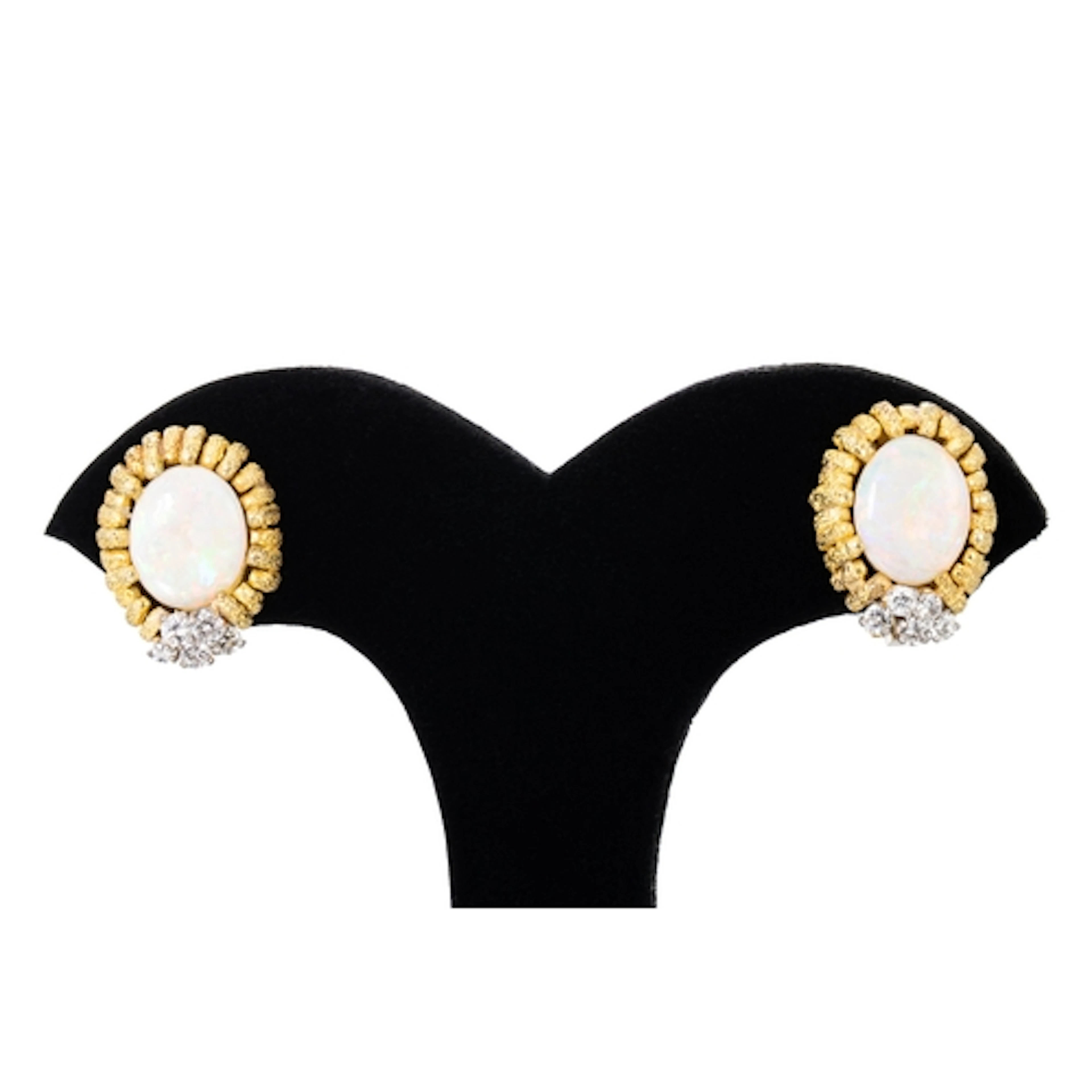 A PAIR OF VINTAGE OPAL AND DIAMOND EARRINGS, the oval caboch...
