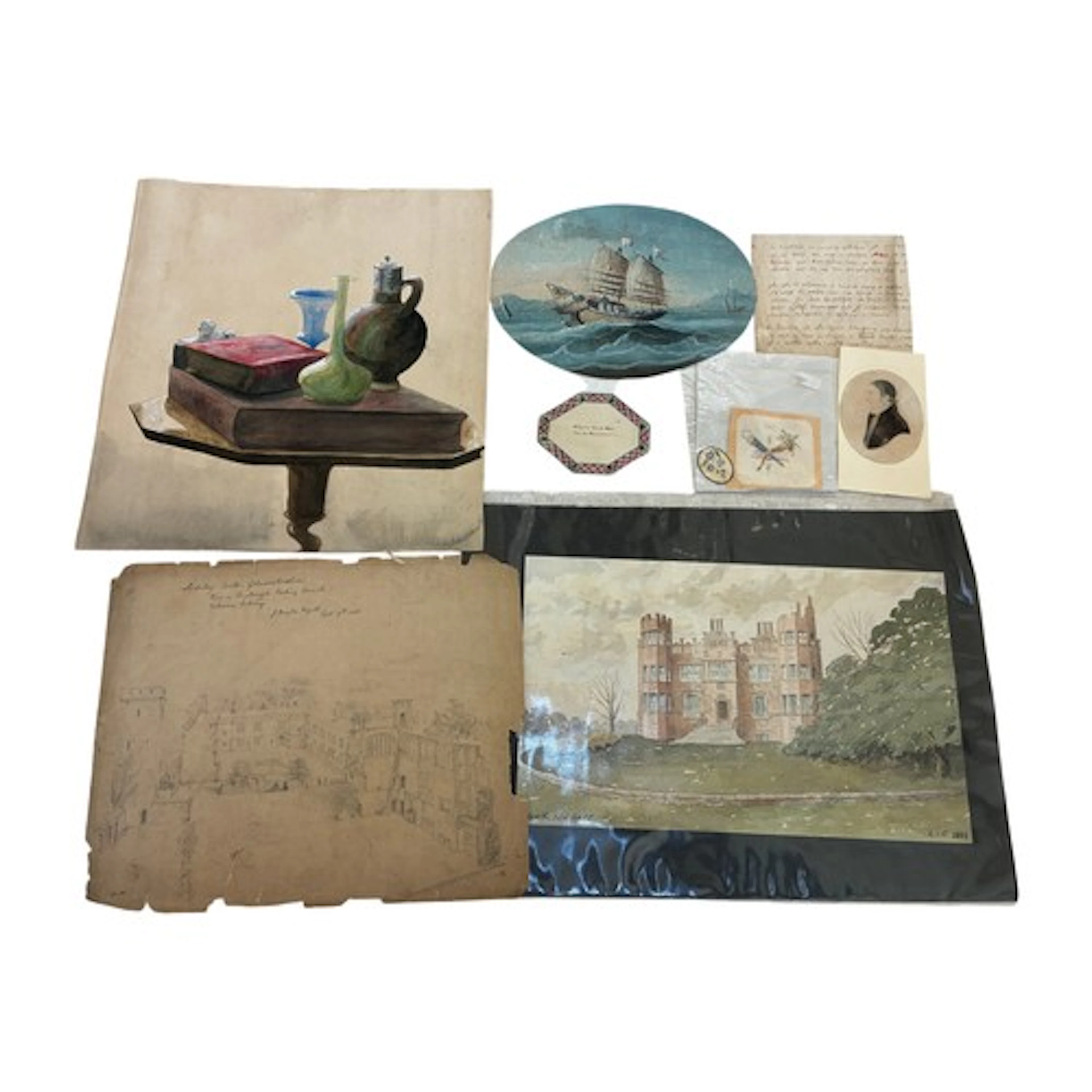 A group of drawings, paintings, engravings and lithographs, ...