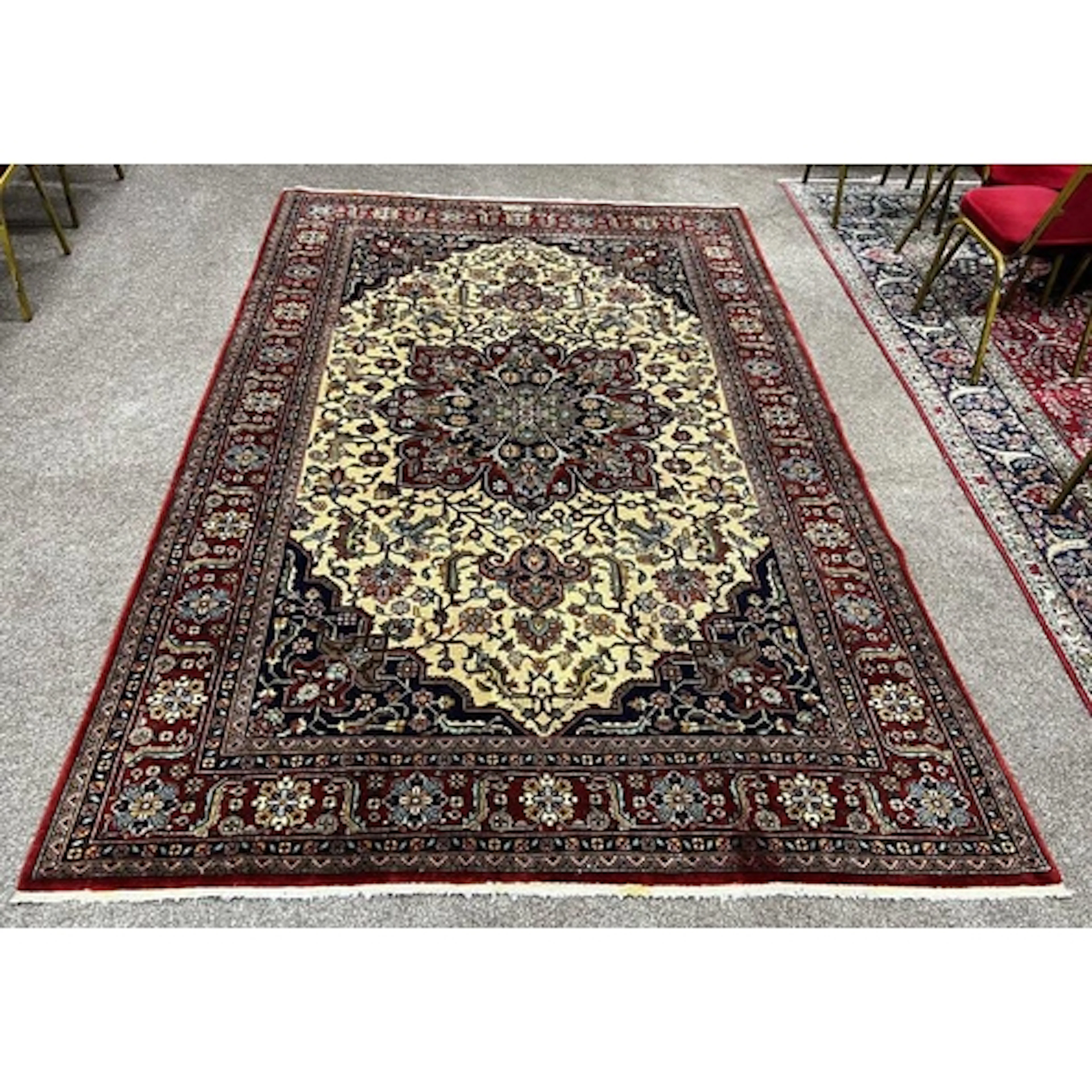 FINE HAND WOVEN PERSIAN QUM CARPET WITH IVORY FIELD AND TRAD...