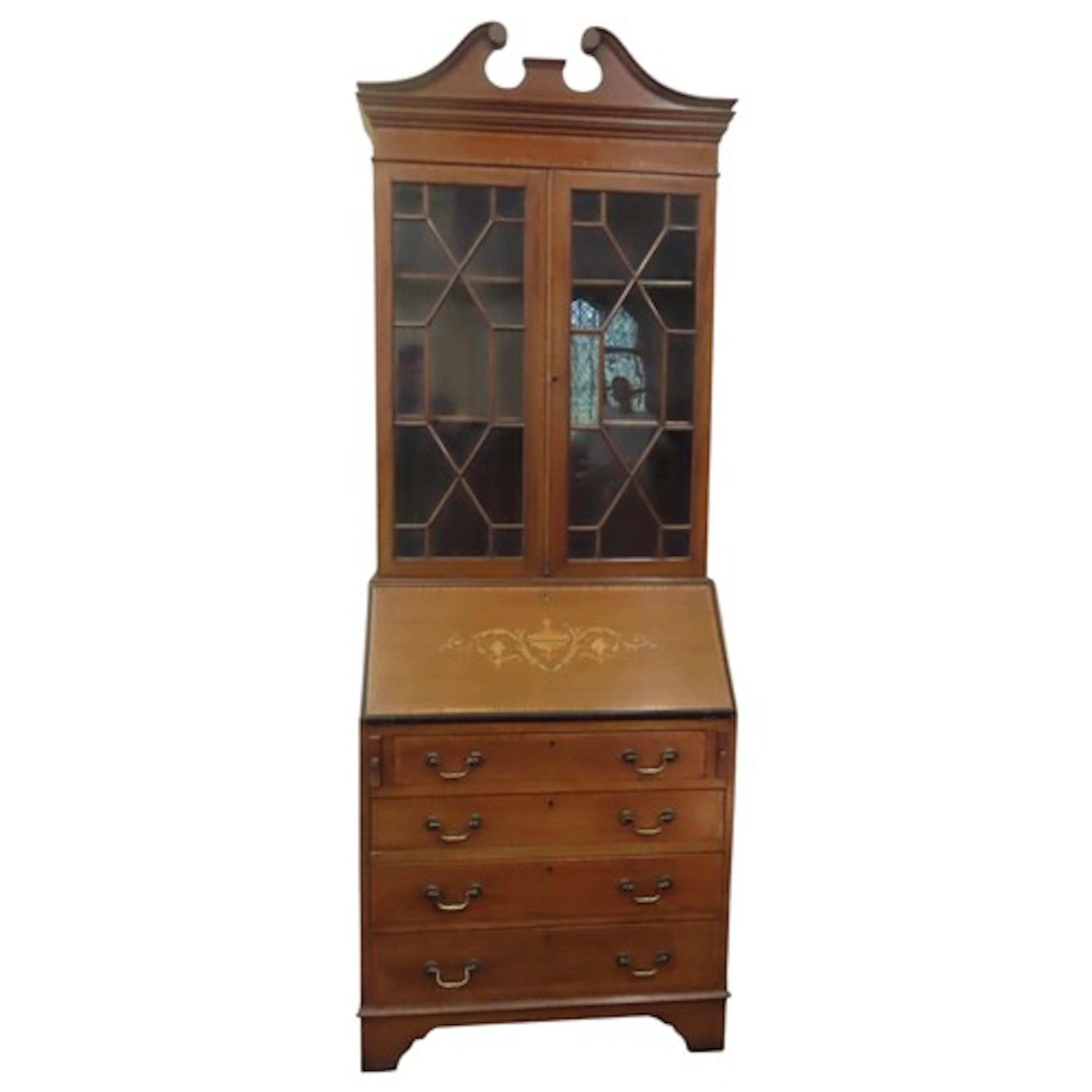 A small inlaid Edwardian mahogany bureau bookcase. 215cm hei...