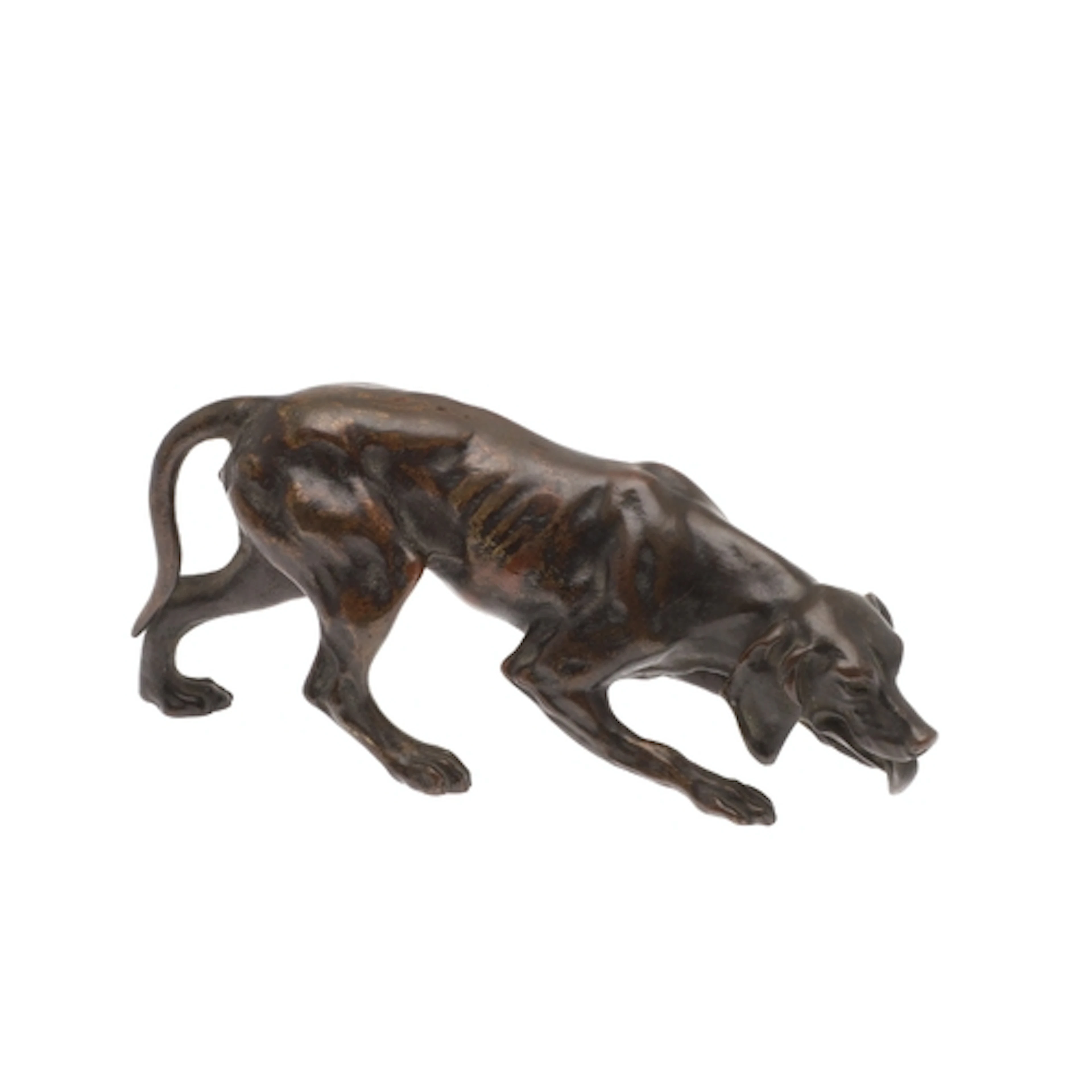 A CONTINENTAL PATINATED BRONZE OF A HUNTING DOG. probably la...