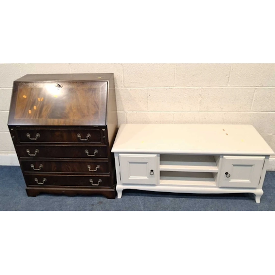A 20TH CENTURY MAHOGANY BUREAU, the fall front door enclosin...