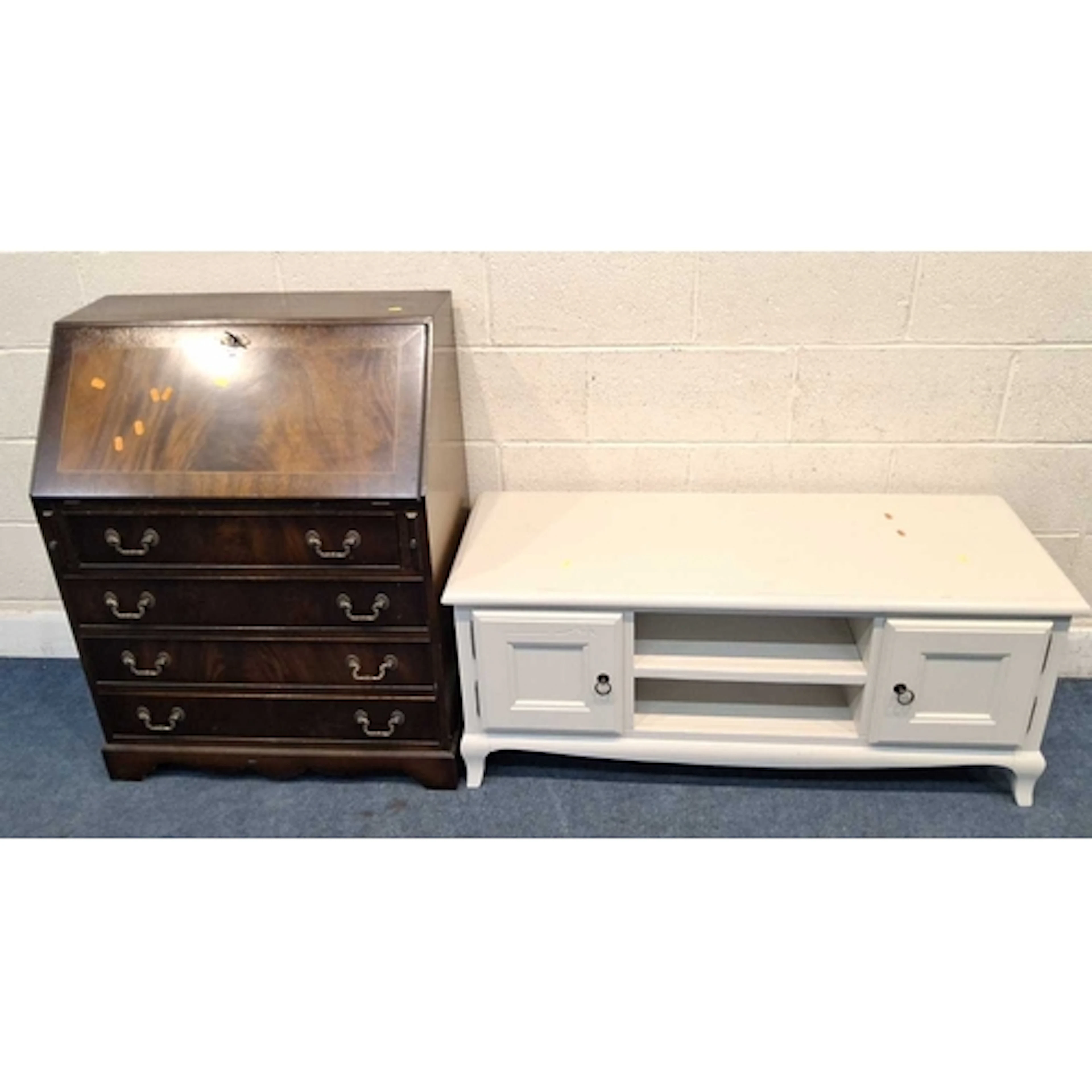 A 20TH CENTURY MAHOGANY BUREAU, the fall front door enclosin...