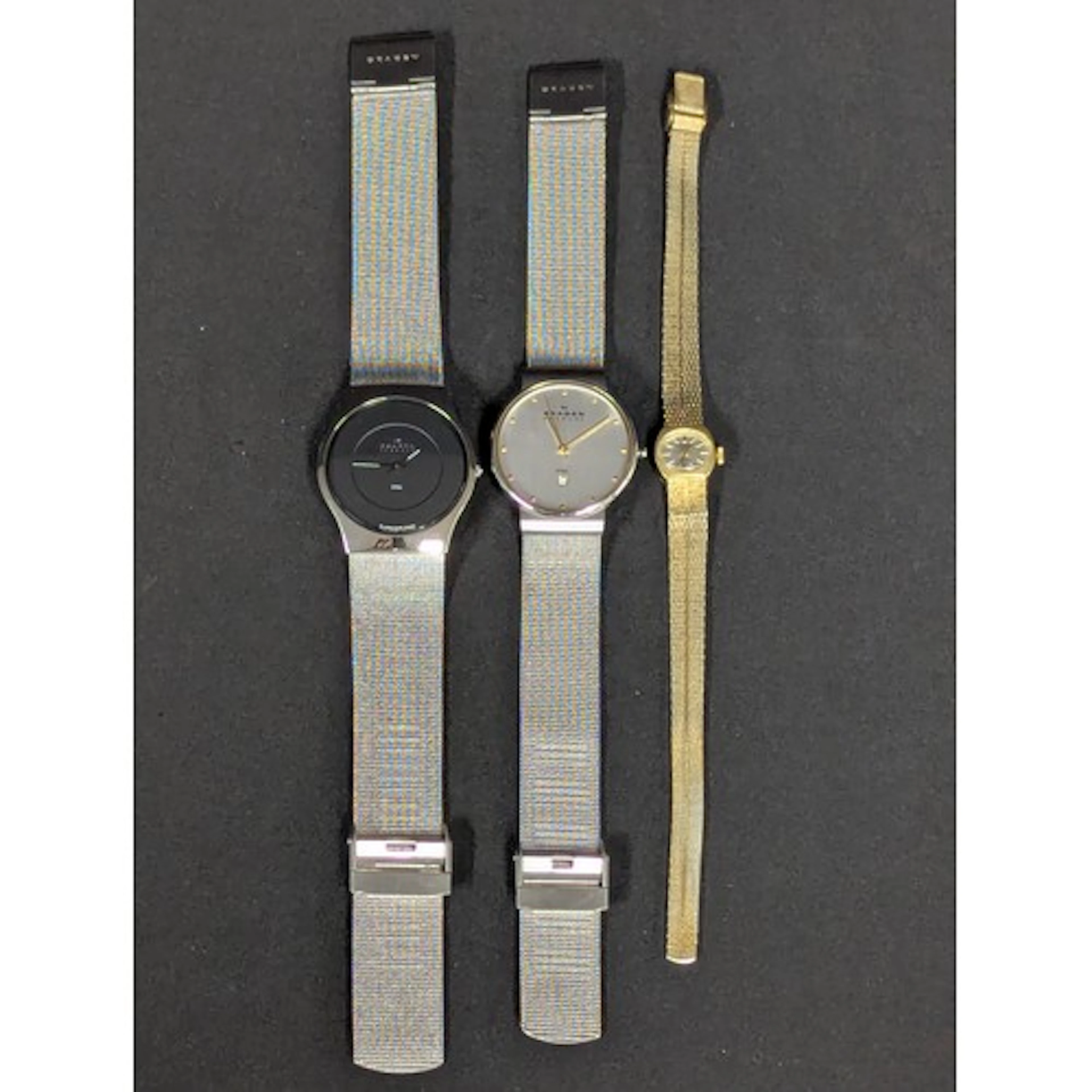 A Skagen Denmark stainless steel watch, black dial, integral...