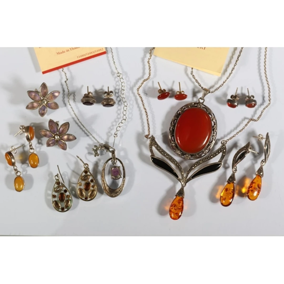 Past Times Art Deco style silver amber and marcasite set nec...