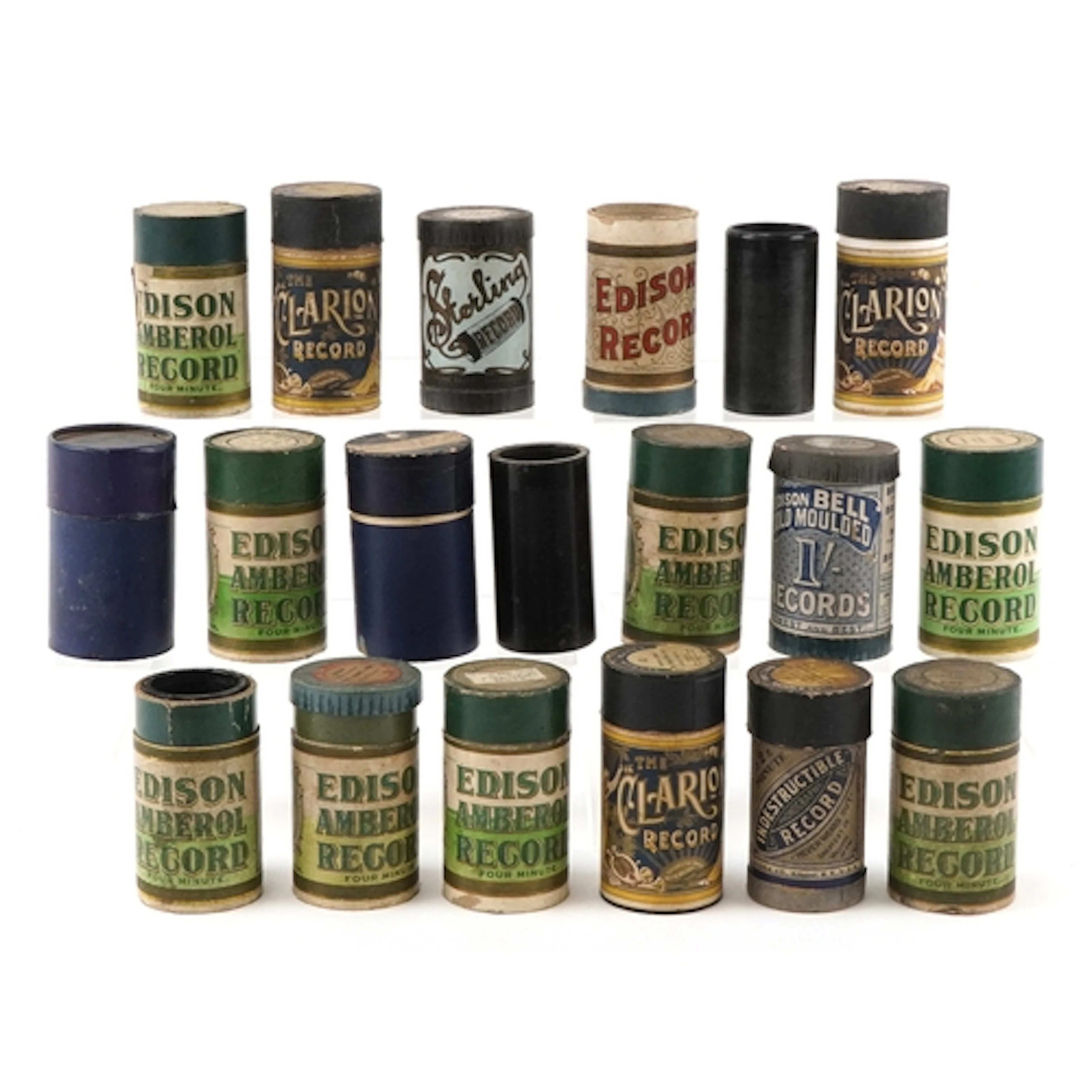 Collection of vintage phonograph record cylinders, mostly wi...