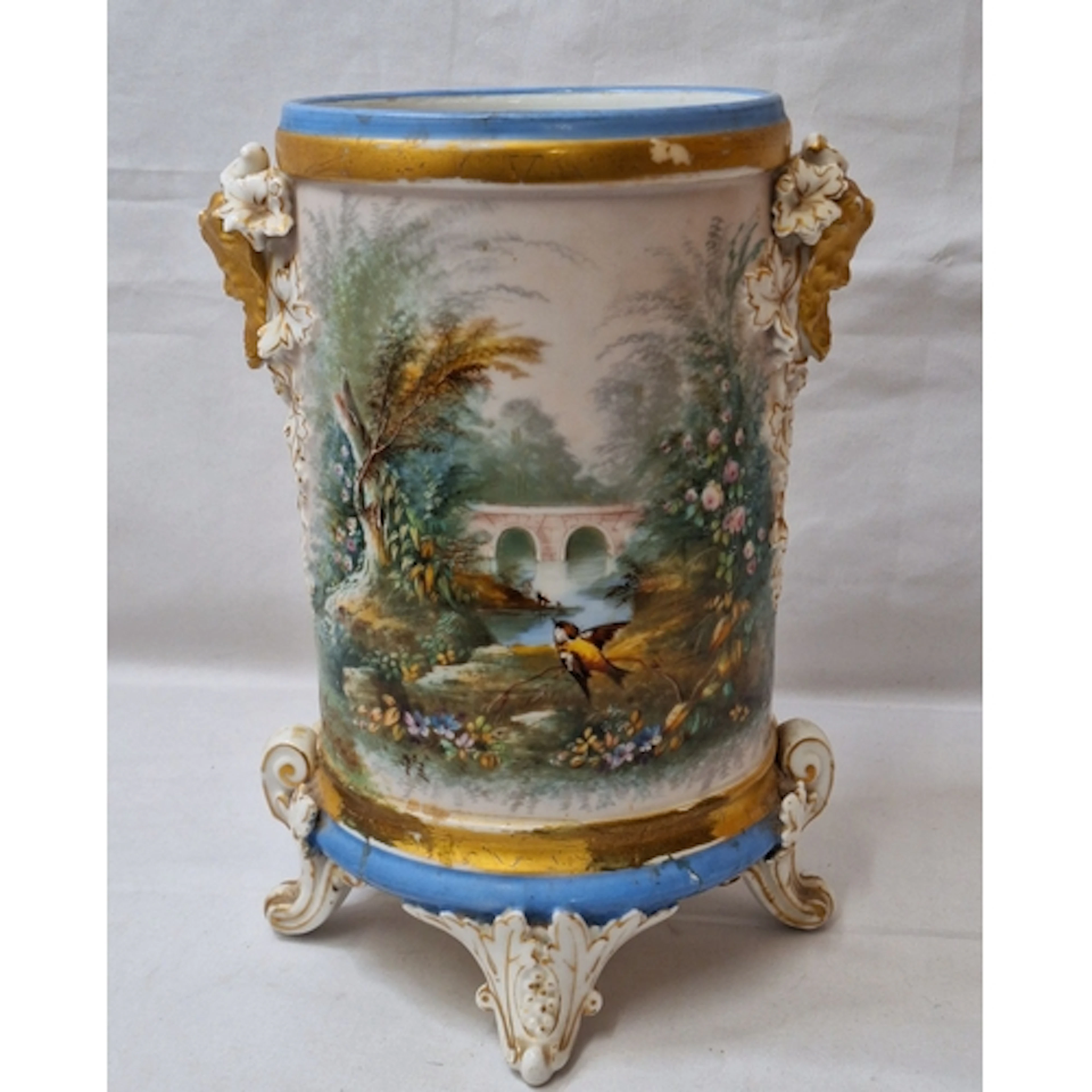 Large Antique French Handpainted Jardiniere on scrolled acan...