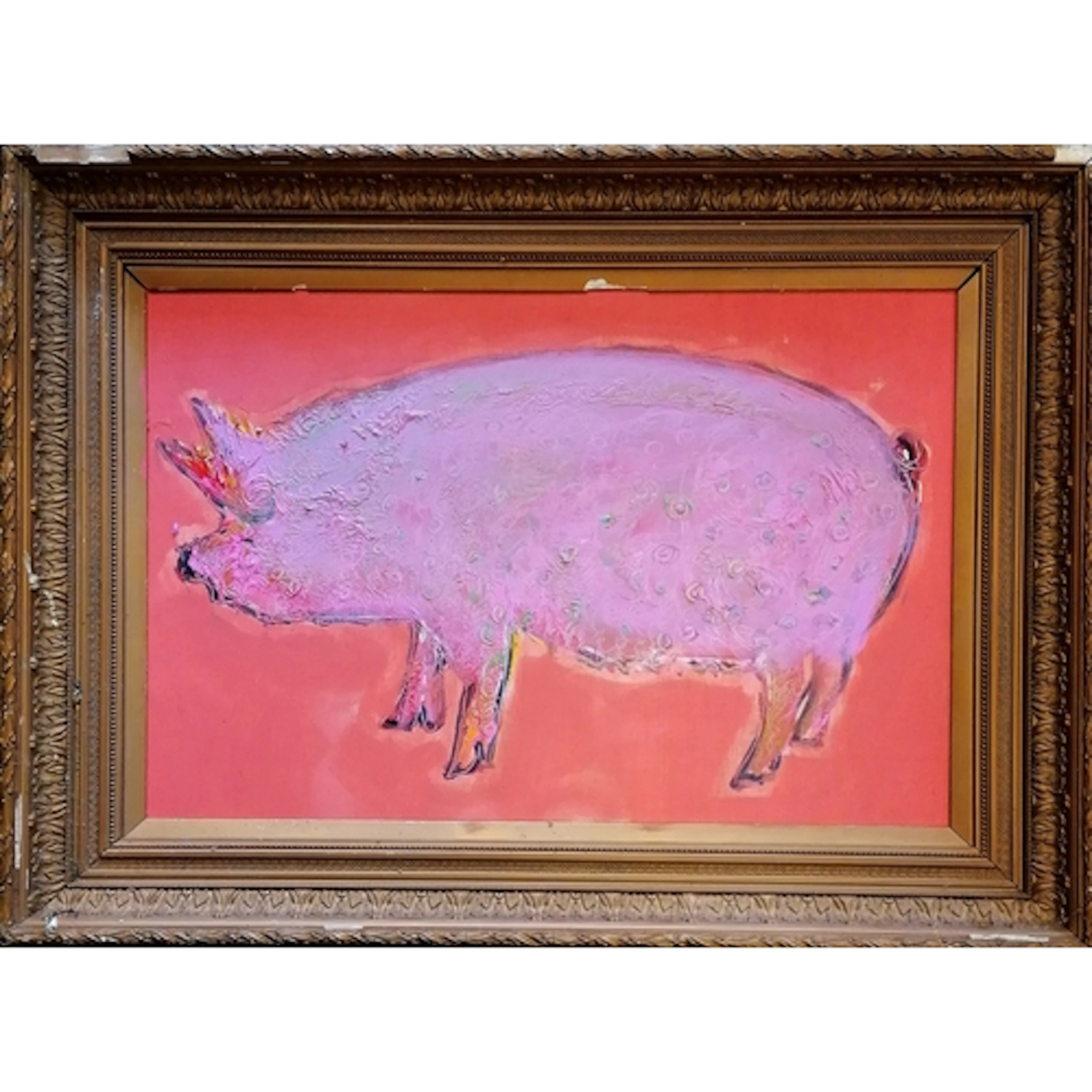Large contemporary oil painting on board of a pig on a pink ...