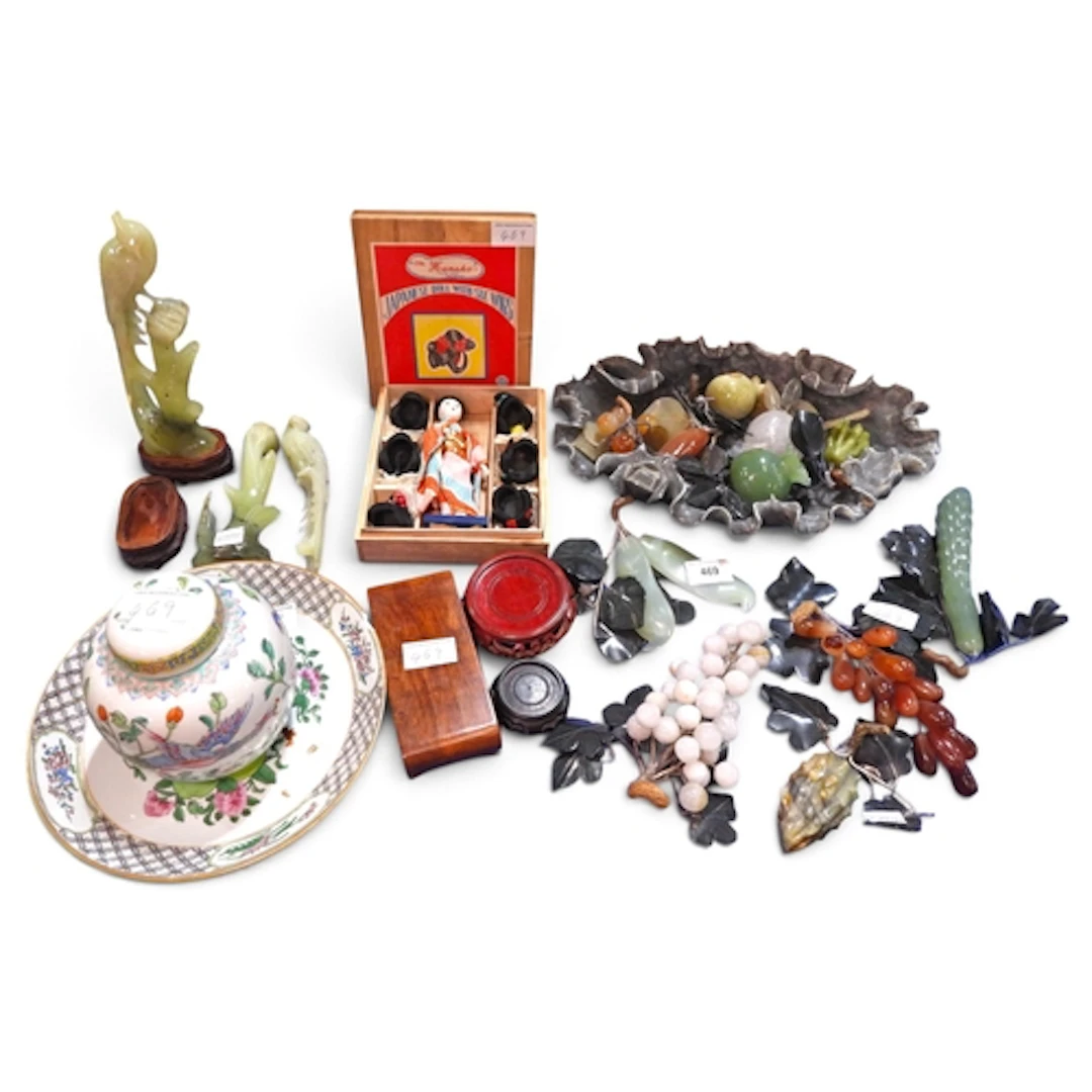 A group of Chinese soapstone carvings and other variou...