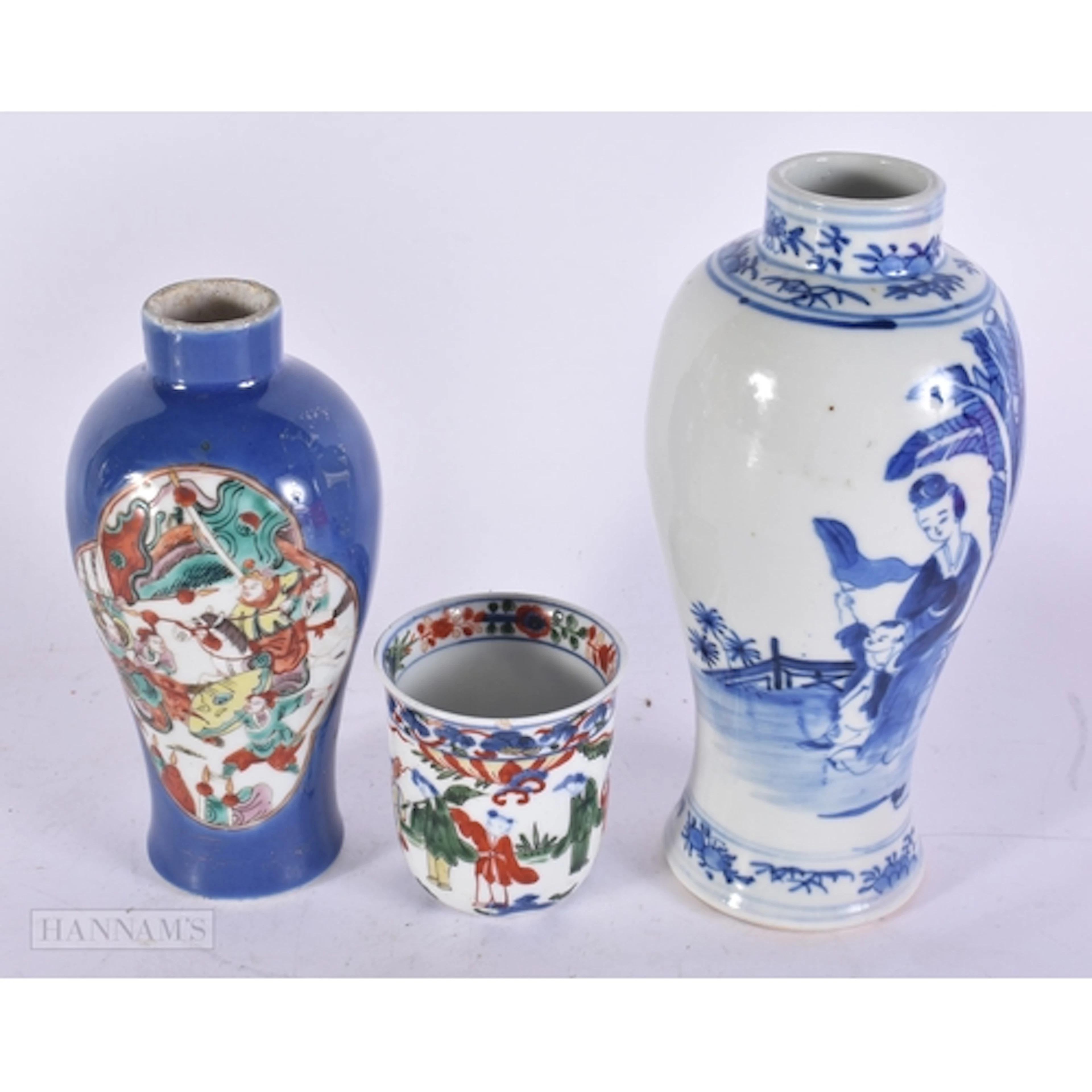 A CHINESE BLUE AND WHITE BALUSTER VASE TOGETHER WITH A FAMIL...