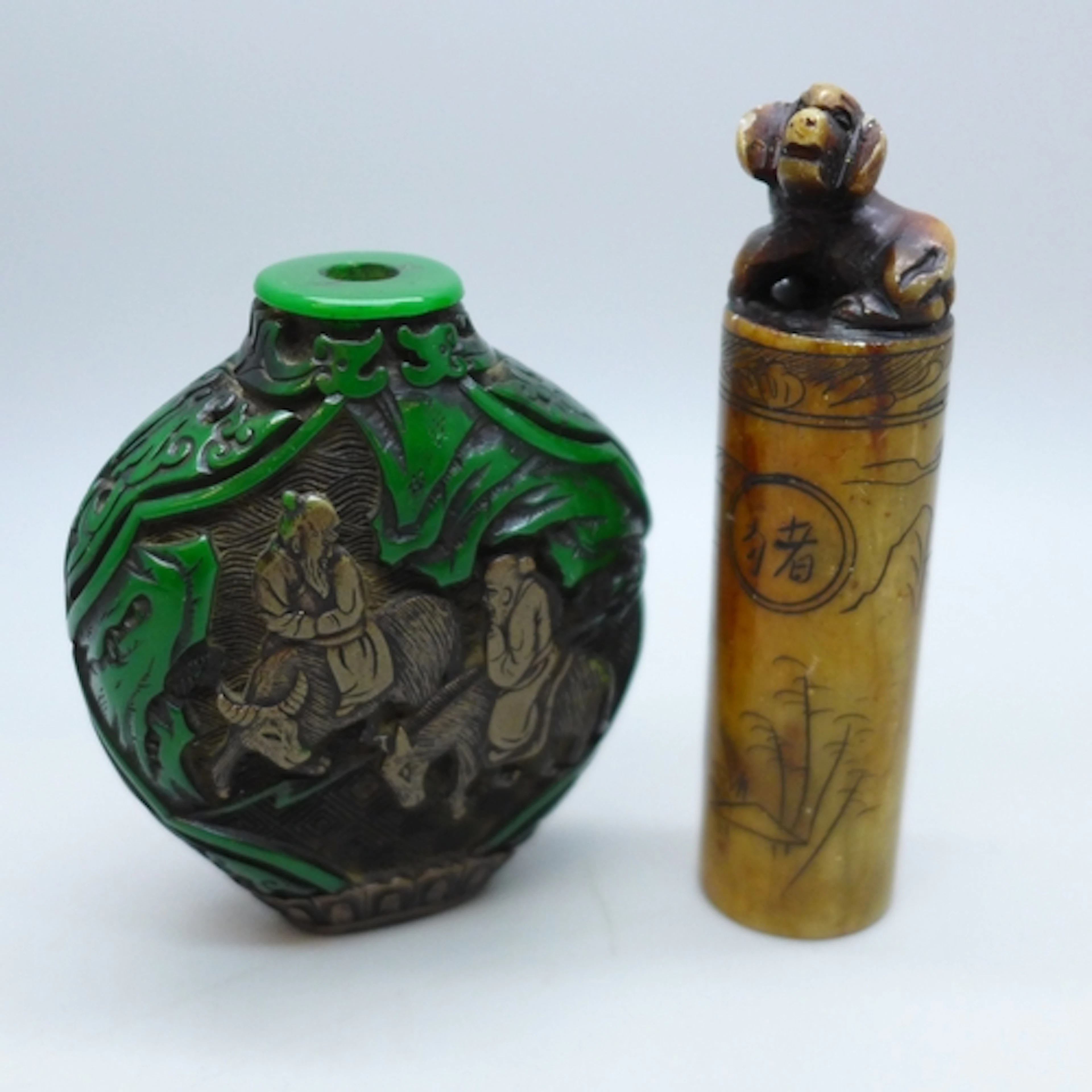 A vintage Chinese hand carved soap stone seal stamp, with a ...