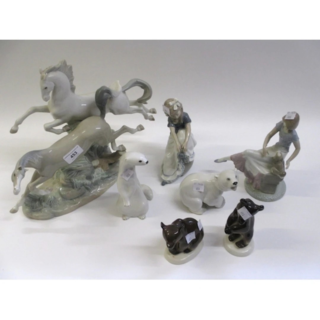 Lladro group, galloping horses, together with a Lladro figur...