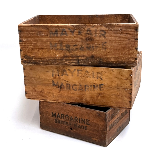Three vintage wooden Margarine crates, two Mayfair, one Gree...