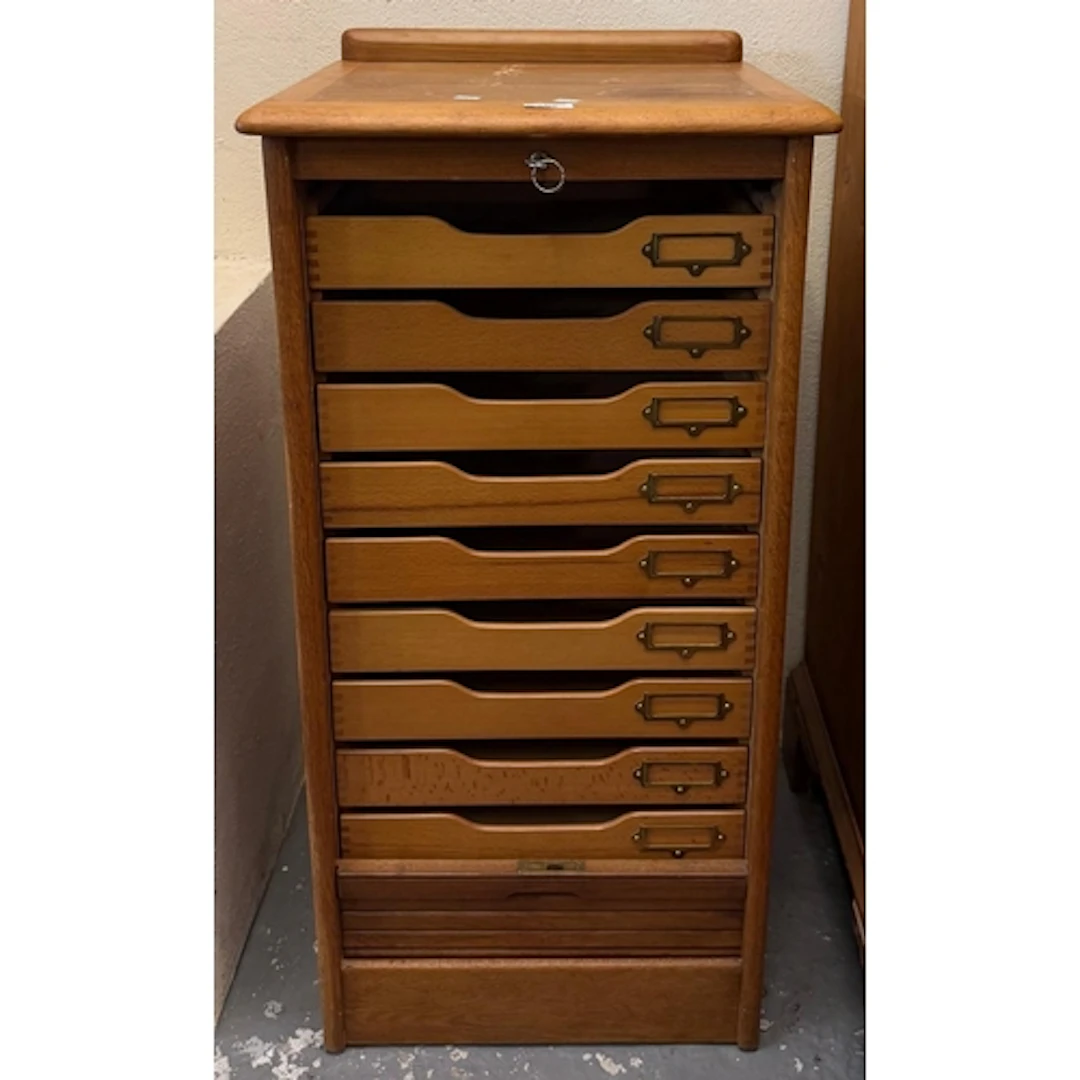 Mid century oak tambour fronted filing cabinet with fitted s...