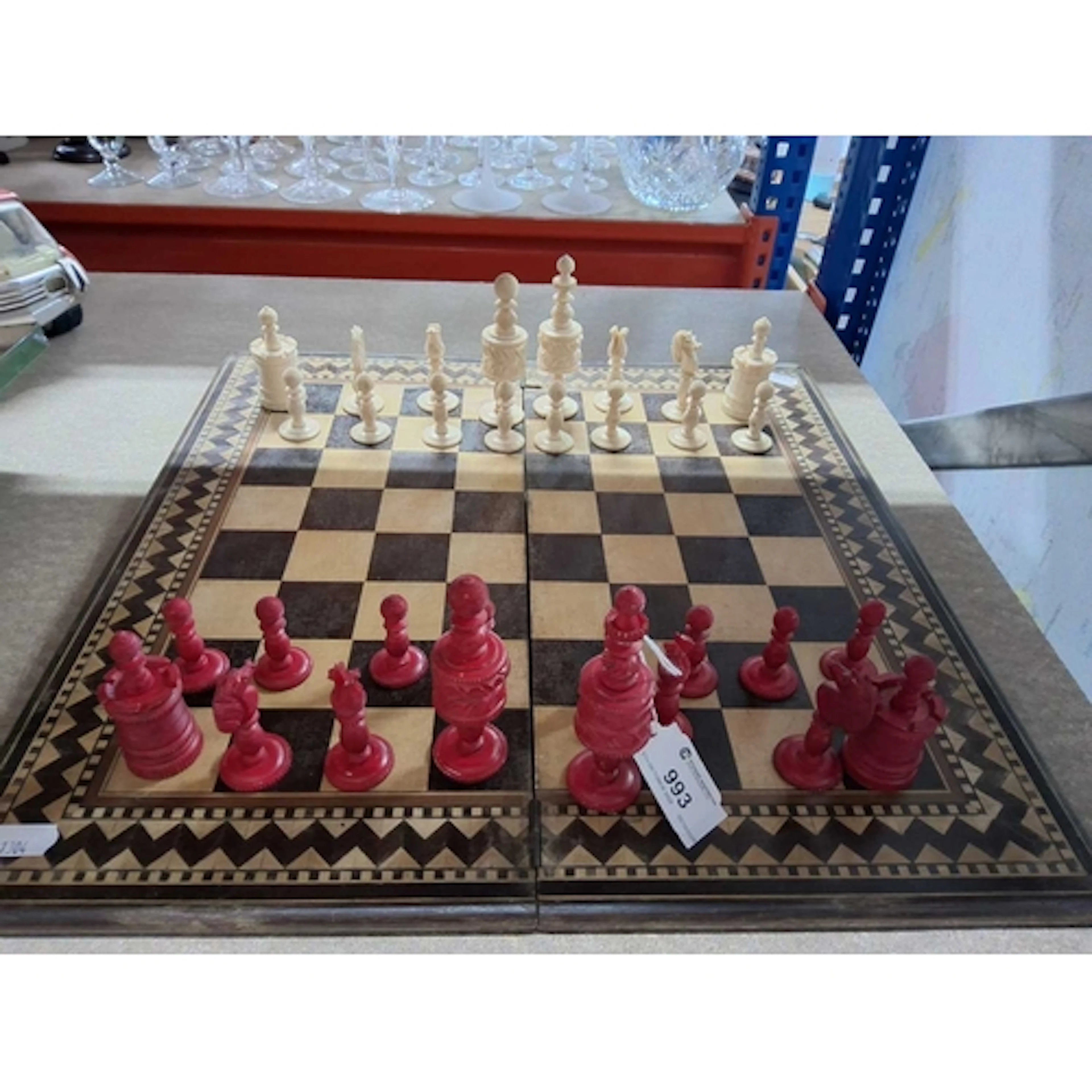 A VINTAGE BONE 'BARLEYCORN' CHESS SET, the set features thir...