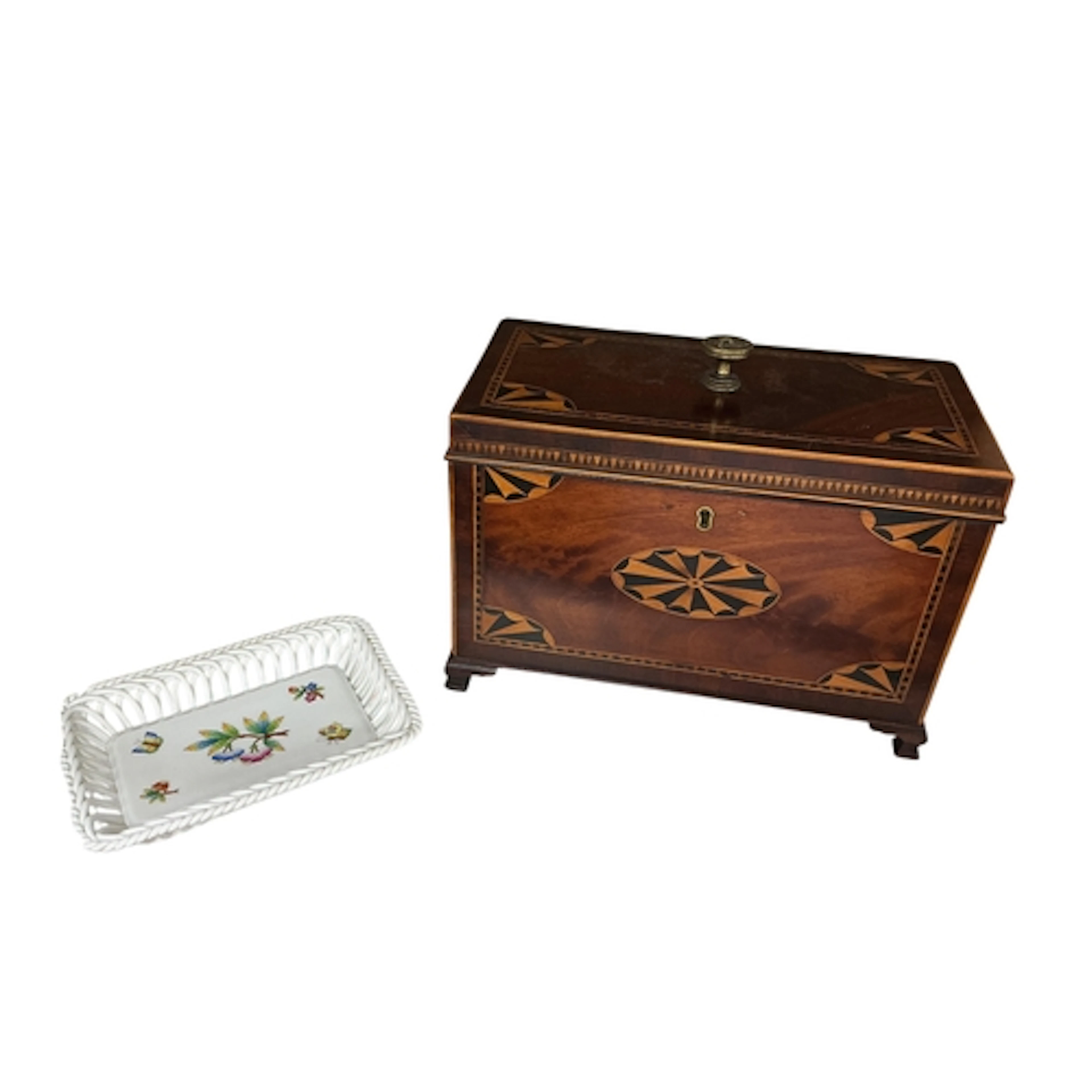 A George III inlaid mahogany tea caddy, width 26cm and a sma...
