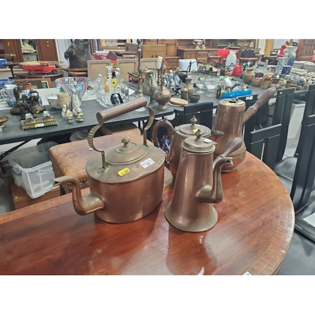 A copper Kettle, a copper Teapot, a copper Coffee Pot, and a...