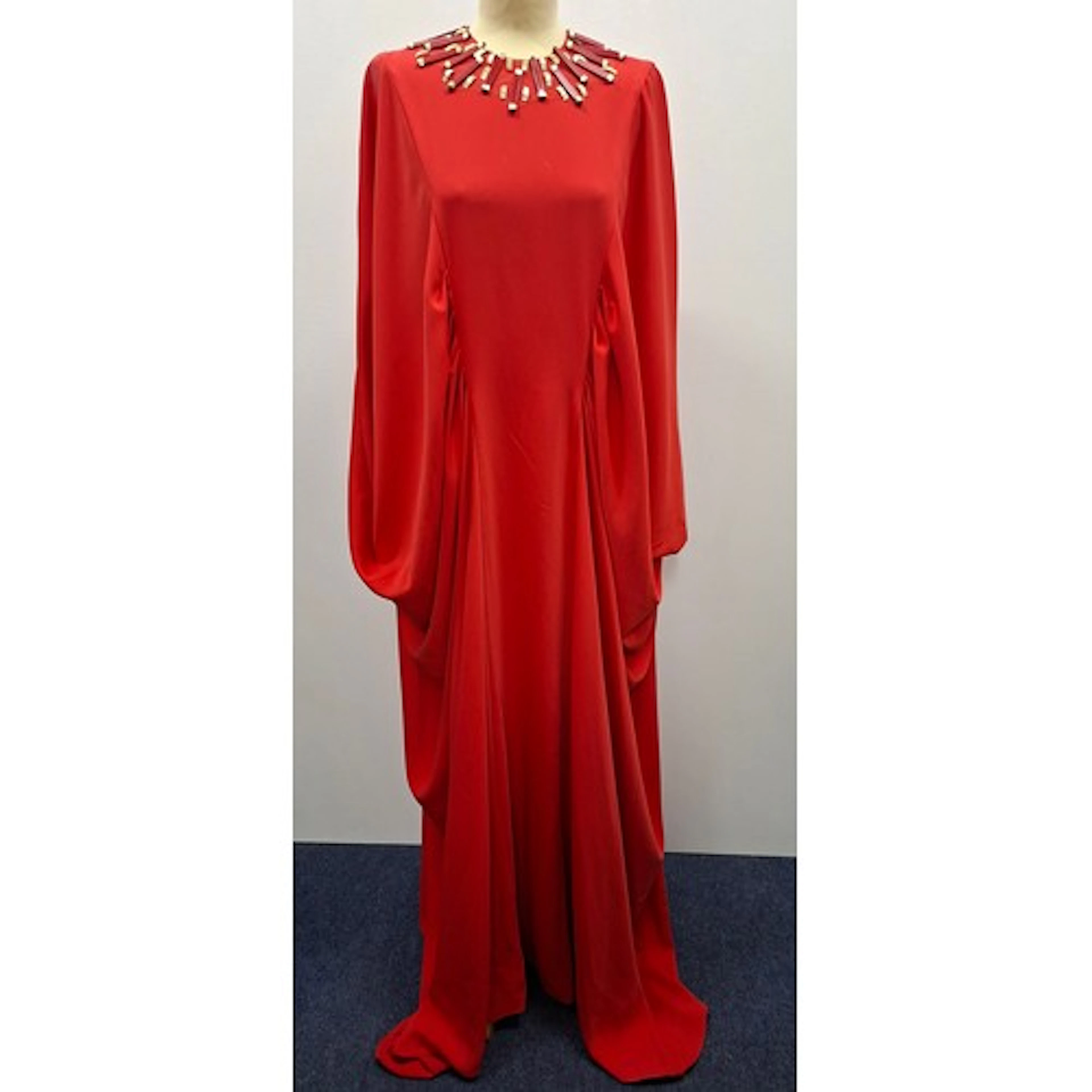 A Reem Acra New York 1970's style red evening gown with gold...