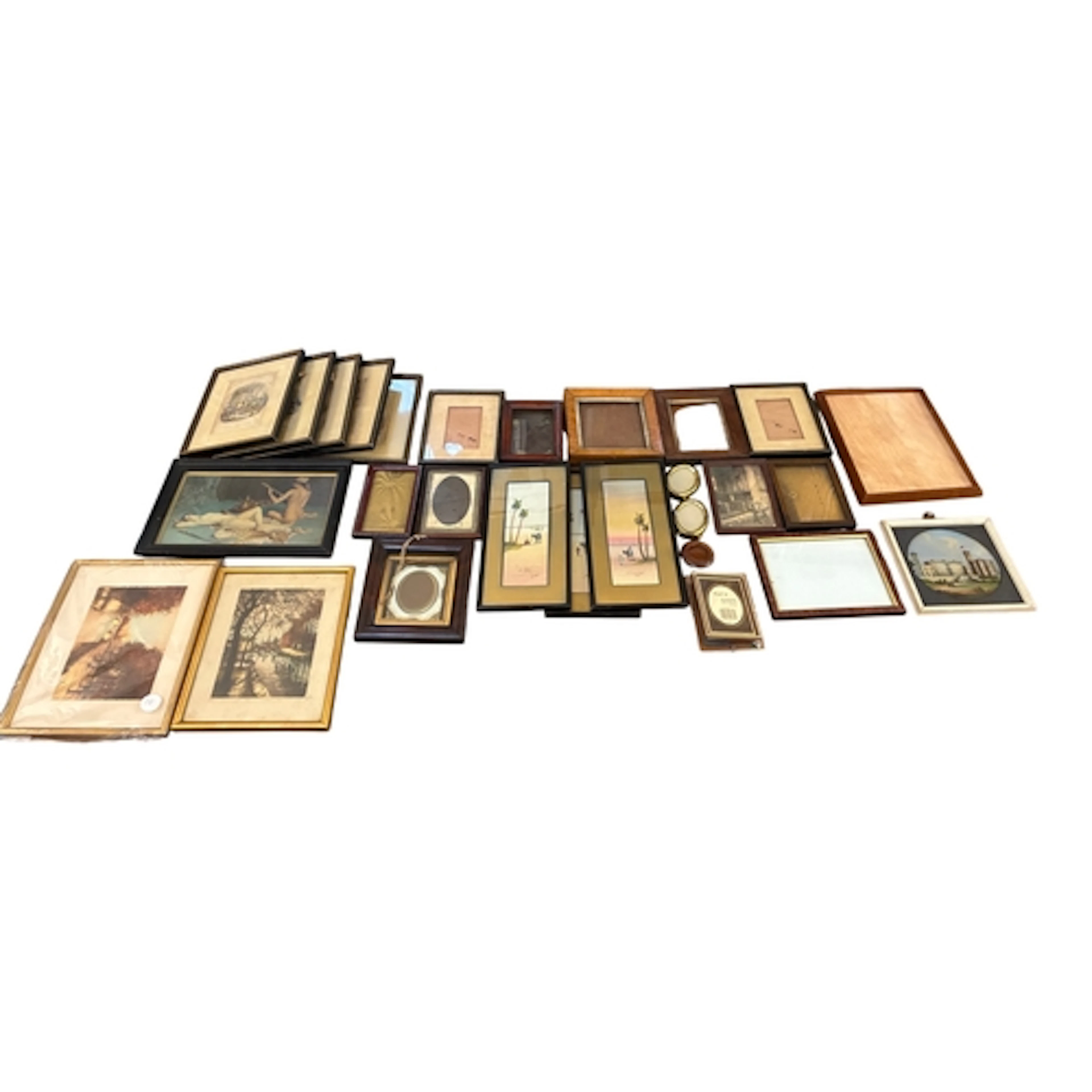 A group of miniature picture frames, prints and three waterc...