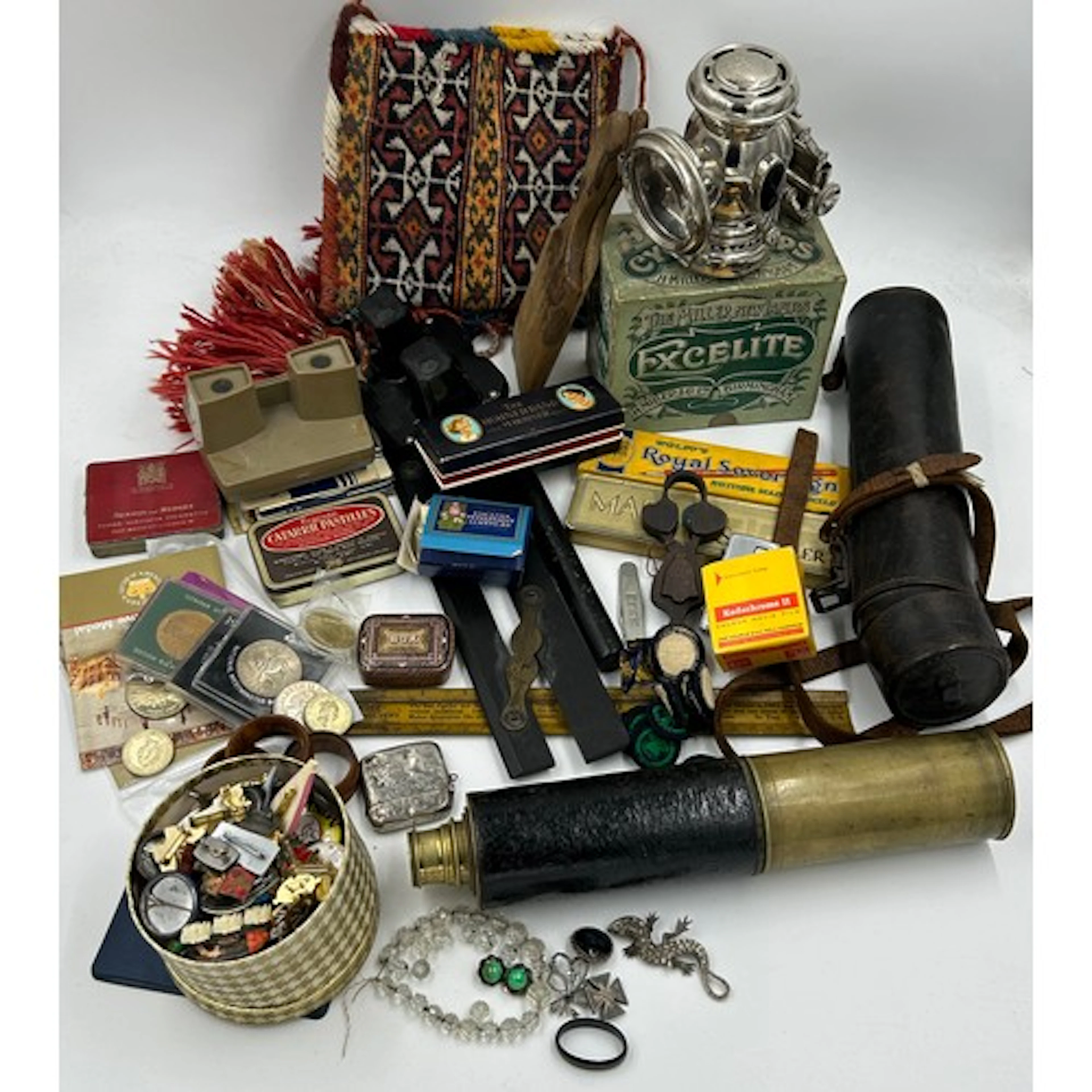 An assortment to include a 19thC three drawer brass telescop...